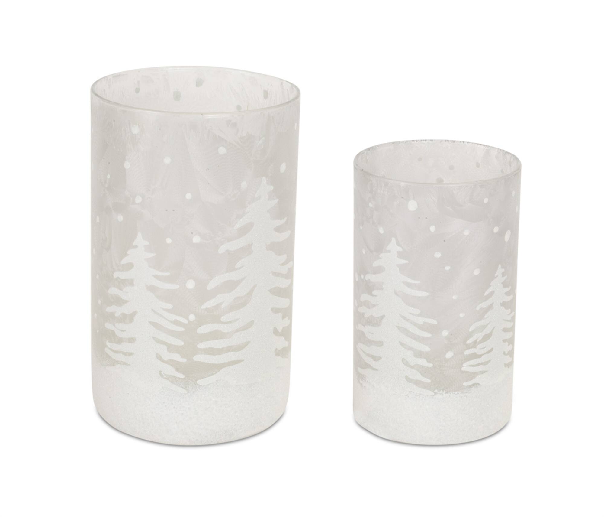 Left. BreeBe - Frosted Votive Candle Holder with Snowy Forest (Set of 4) - Clear.