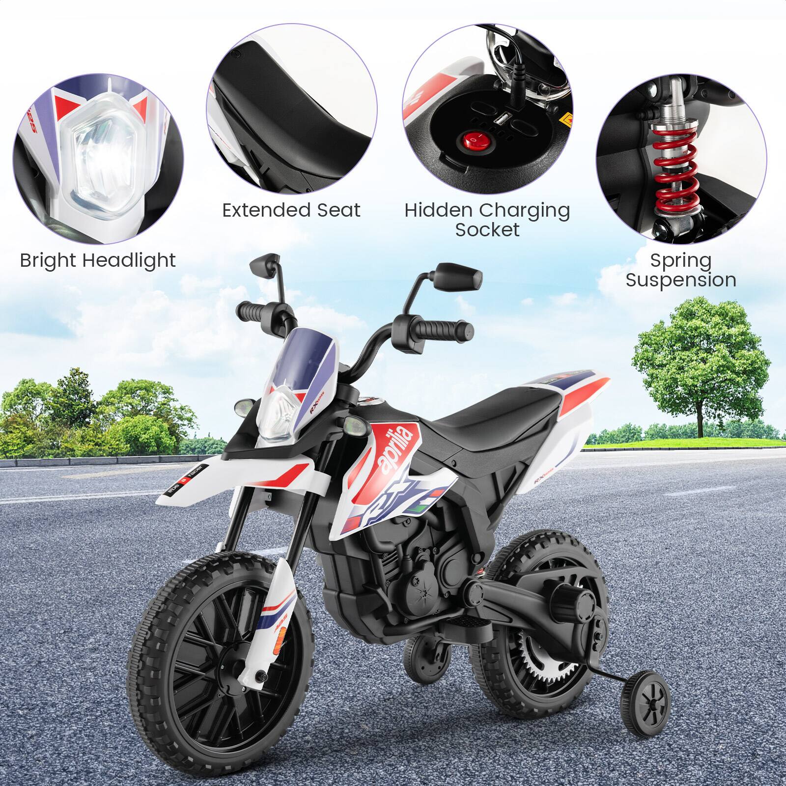 - Bright Headlight
- Extended Seat
- Hidden Charging Socket
- Spring Suspension