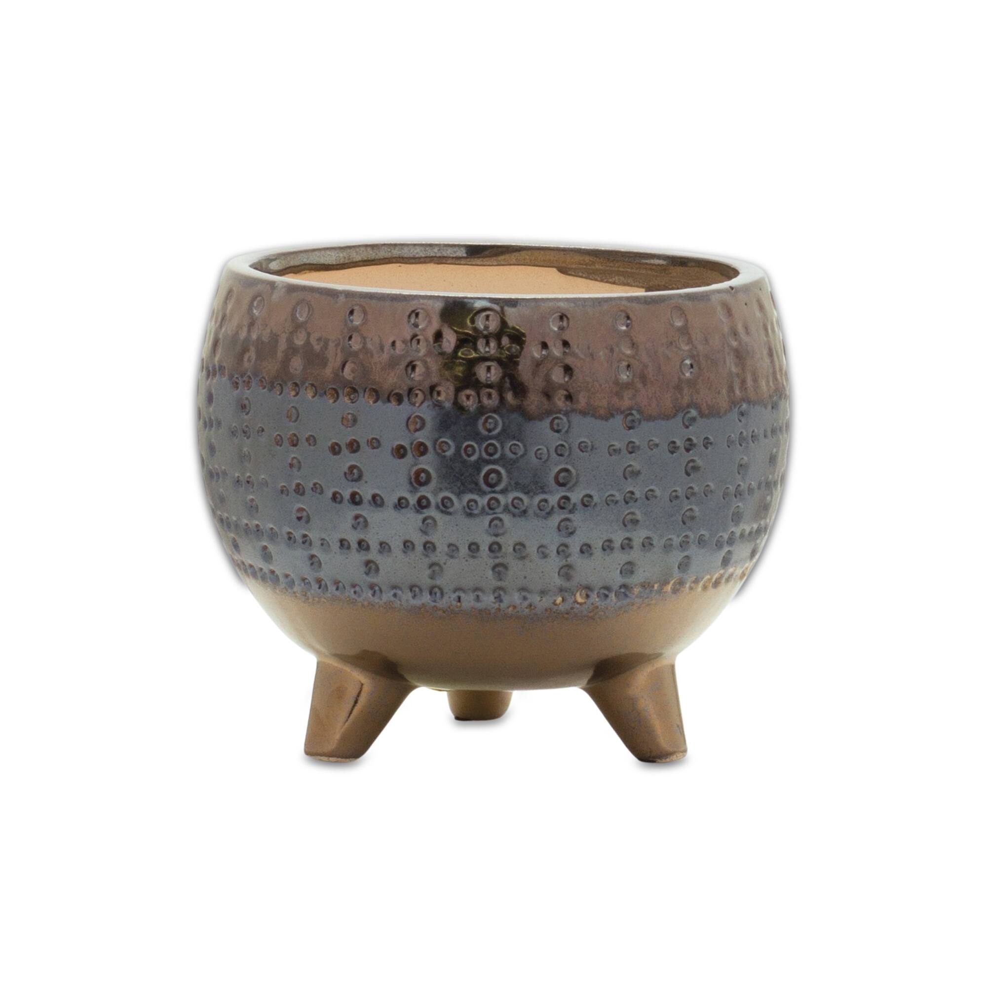 Front. BreeBe - Dotted Ceramic Planter with Pewter Accent 5.25"H - Blue, Black.