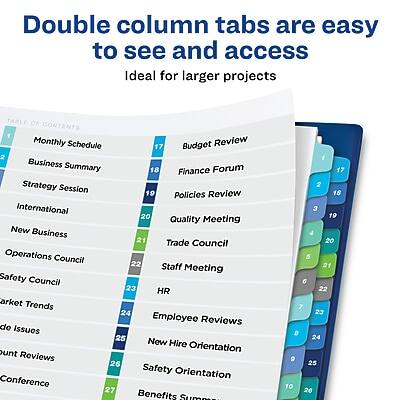 Double column tabs are easy to see and access  
Ideal for larger projects  

TABLE OF CONTENTS  
1. Monthly Schedule 17  
2. Business Summary 18  
3. Strategy Session 19  
4. International 20  
5. New Business 21  
6. Operations Council 22  
7. Safety Council 23  
8. HR 24  
9. Market Trends 25  
10. Employee Reviews 26  
11. Trade Council 27  
12. Staff Meeting 28  
13. Policies Review 29  
14. Quality Meeting 30  
15. Finance Forum 31  
16. Budget Review 32  
17. New Hire Orientation 33  
18. Safety Orientation 34  
19. Benefits Summary 35  
20. Conference 36