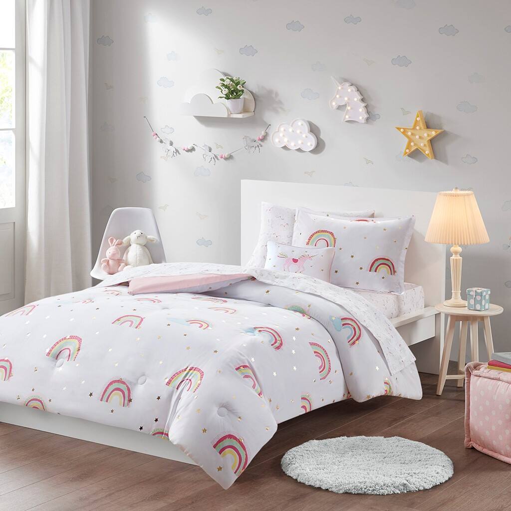 Alt View 1. Gracie Mills - Gracie Mills Thyme Rainbow and Metallic Stars Comforter Set with Coordinating Bed Sheets - White.