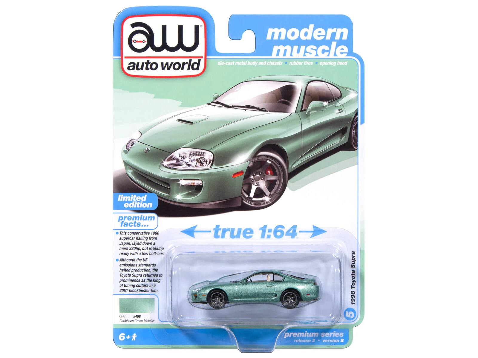 modern muscle world die-cast metal body and chassis rubber tires opening hood auto limited edition premium facts... This conservative 1998 supercar hailing from Japan, laid down a mere 320hp, but is 500mp ready with a few bolt-ons. Although the US emissions standards halted production, the Toyota Supra returned to prominence as the king of tuning culture in a 2001 blockbuster film. SIO SAR Canbbean Green Metallic true 1:64 Supra Toyota 1998 5 6+* premium series release 3 version