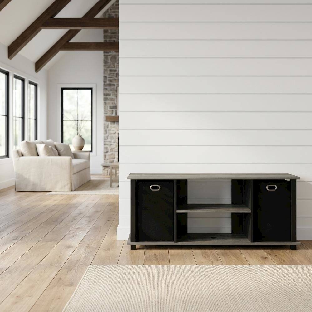Angle. FurniFact - Wood Entertainment Center with Storage Bins in French Oak and Black Finish - French Oak Grey/Black/Black.
