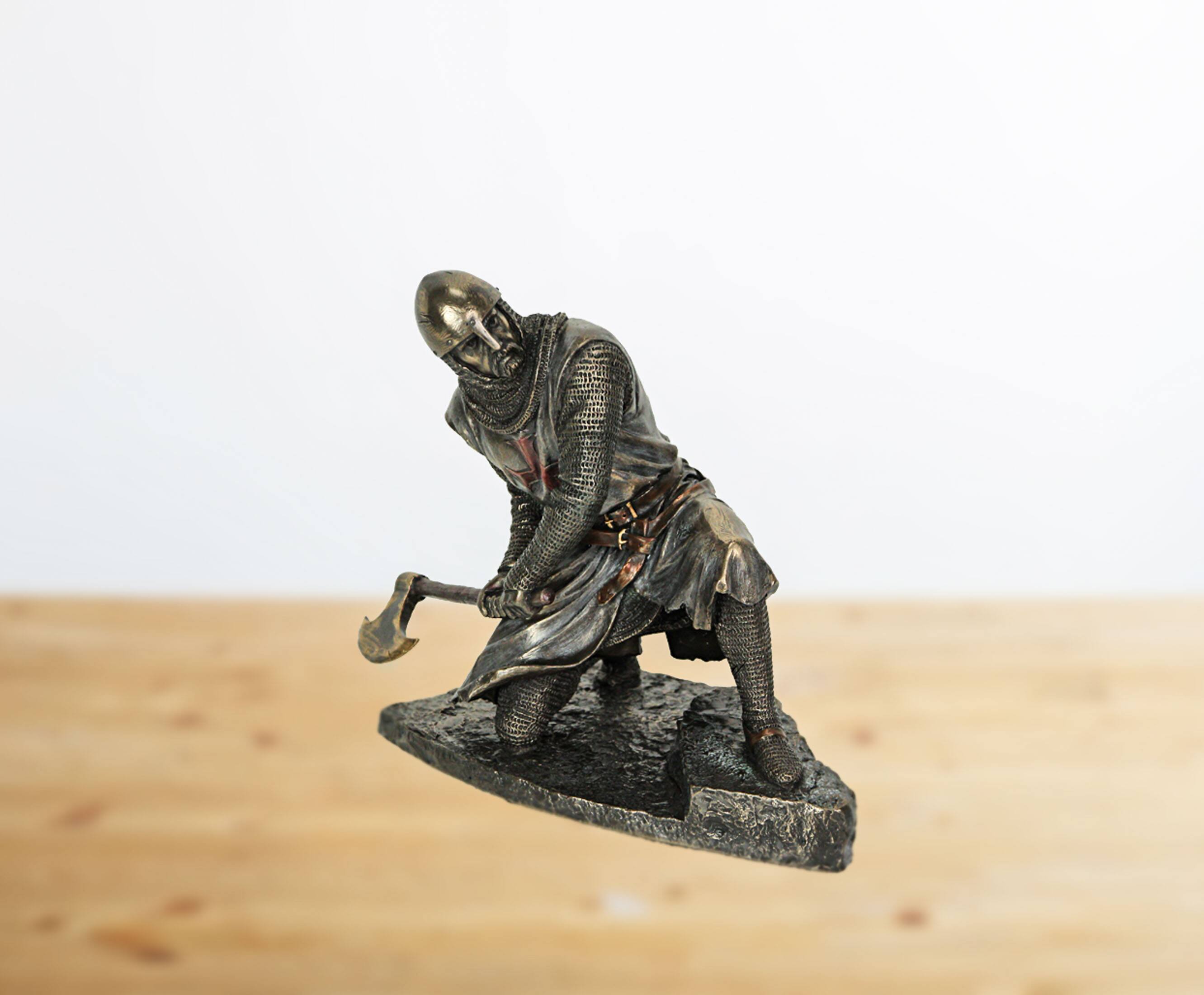 Alt View 3. Veronese Design - Bronze Finish Kneeling Templar Knight Wielding Battle Axe Statue - Multicolored.