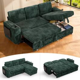 Dyonery - 85" Modular Sectional Sleeper Sofa with Pull Out Bed, 3 Seat L Shaped with Reclining Backrest,Corduroy Green - Green
