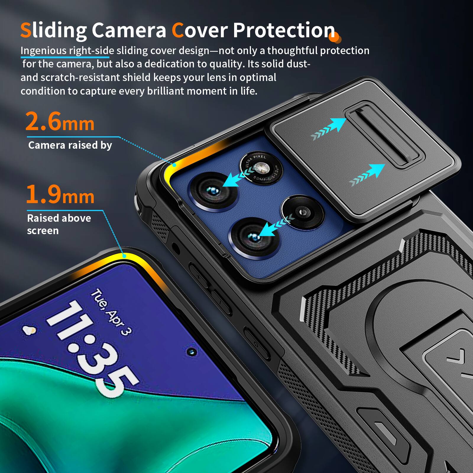 Sliding Camera Cover Protection

Ingenious right-side sliding cover design—not only a thoughtful protection for the camera, but also a dedication to quality. Its solid dust- and scratch-resistant shield keeps your lens in optimal condition to capture every brilliant moment in life.

2.6mm
Camera raised by VISEL

1.9mm
Raised above screen

Tue, Apr 3 11:35
