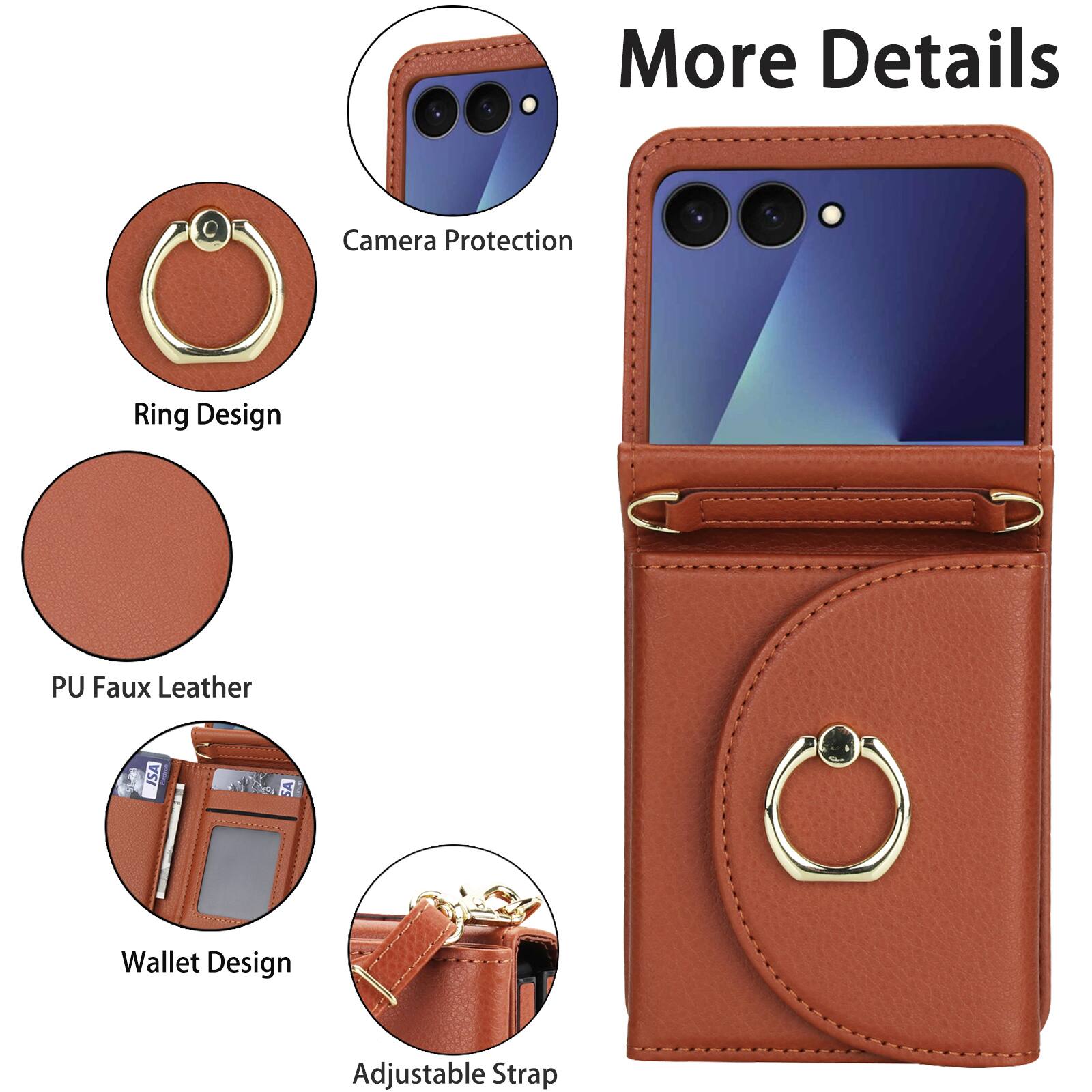More Details  
Camera Protection  
Ring Design  
PU Faux Leather  
ISA SA Wallet Design  
Adjustable Strap