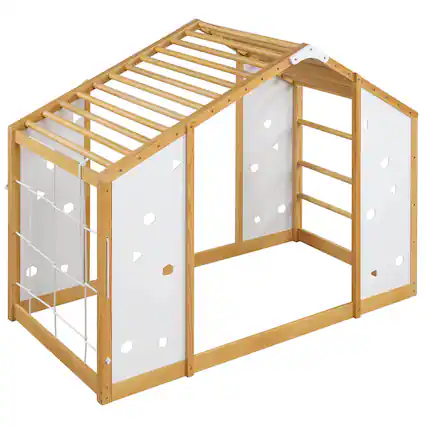 Front. Costway - Costway Twin Size Climbing Bed, 2-in-1 Montessori Floor Bed with Monkey Bars for Boys Girls - Beige.