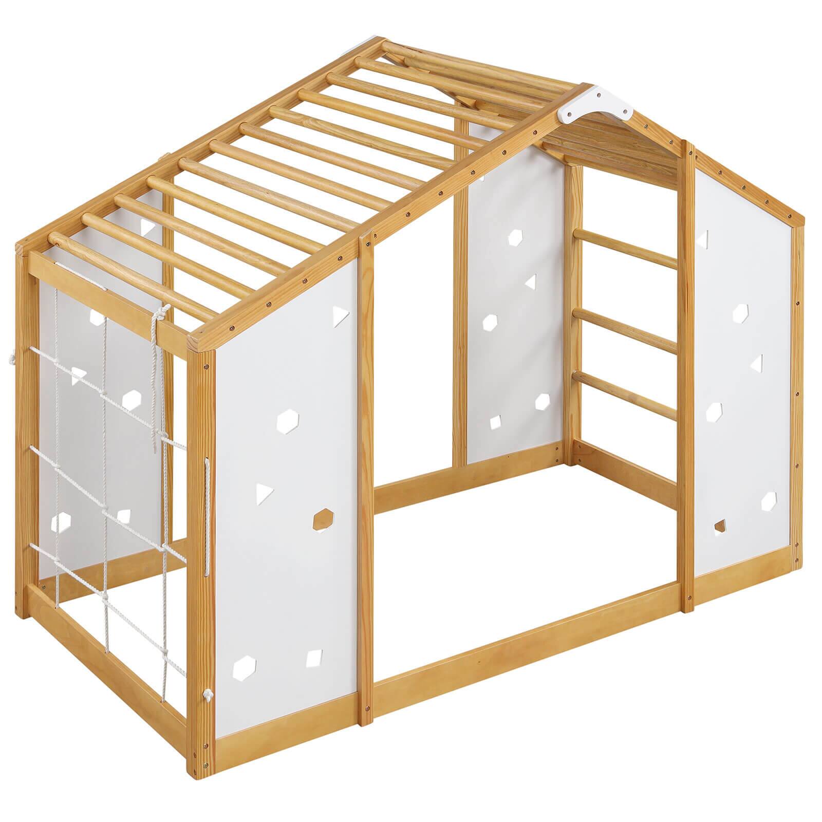 Front. Costway - Costway Twin Size Climbing Bed, 2-in-1 Montessori Floor Bed with Monkey Bars for Boys Girls - Beige.