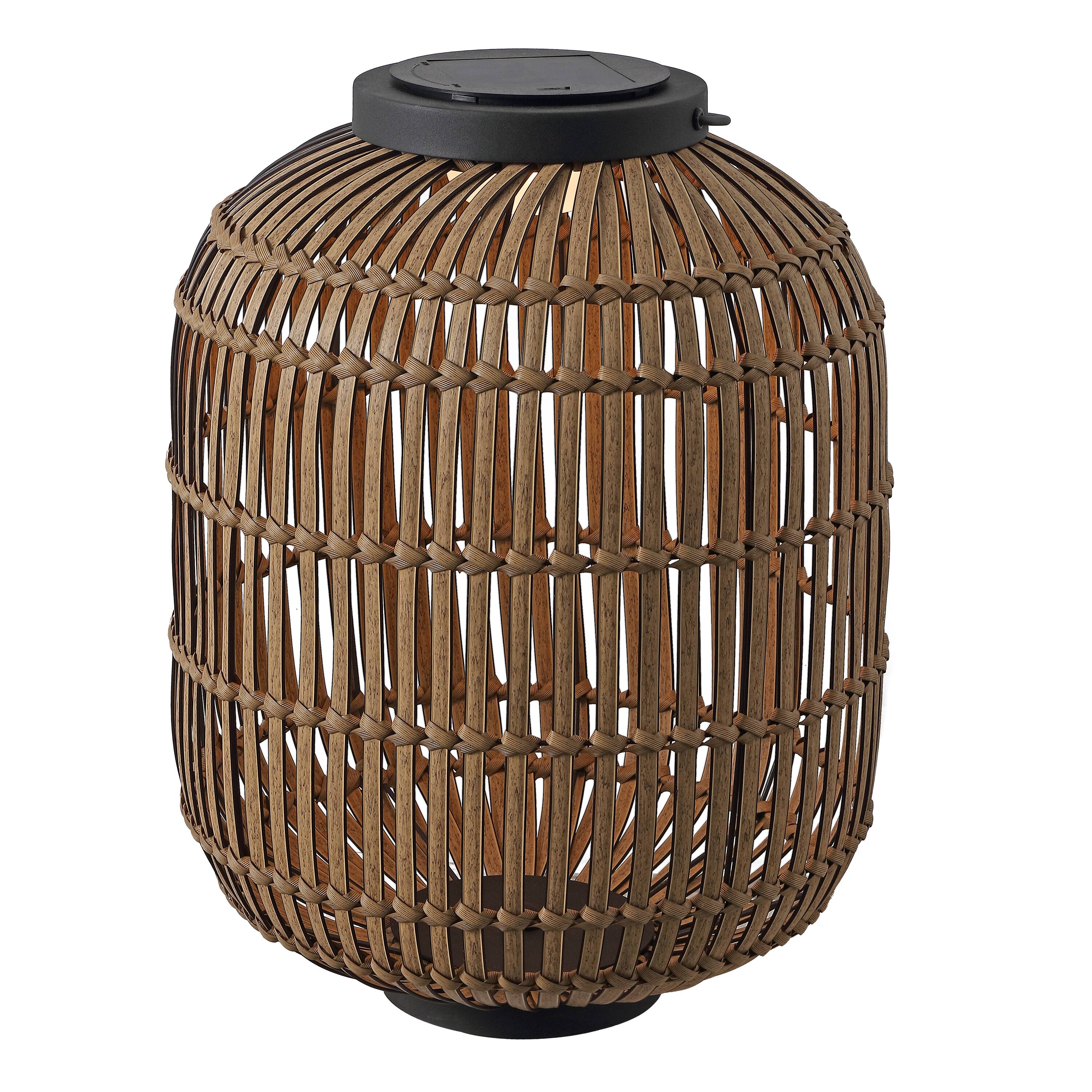 Front. Jonathan Y - Nara 20.5" Modern Global Faux Rattan Integrated Indoor/Outdoor LED Solar Powered Lantern, Light Brown/Black - Light Brown/Black.