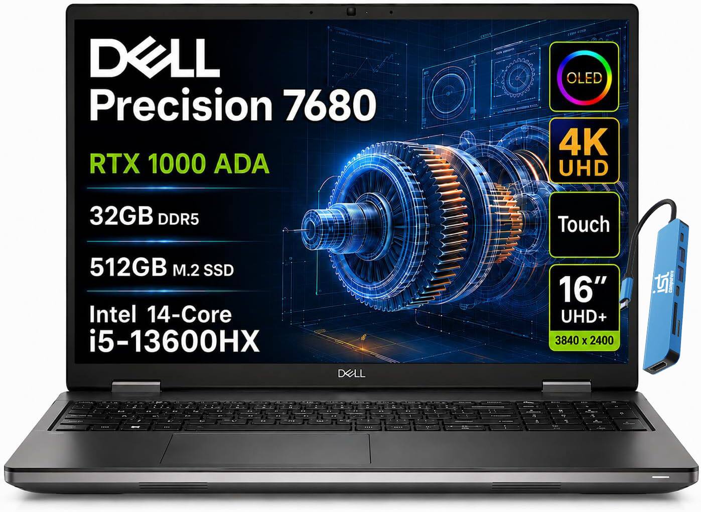 DELL Precision 7680 RTX 1000 ADA  
OLED 4K UHD  
32GB DDR5  
Touch  
512GB M.2 SSD  
Intel 14-Core i5-13600HX  
DELL  
16" UHD+ 3840 x 2400