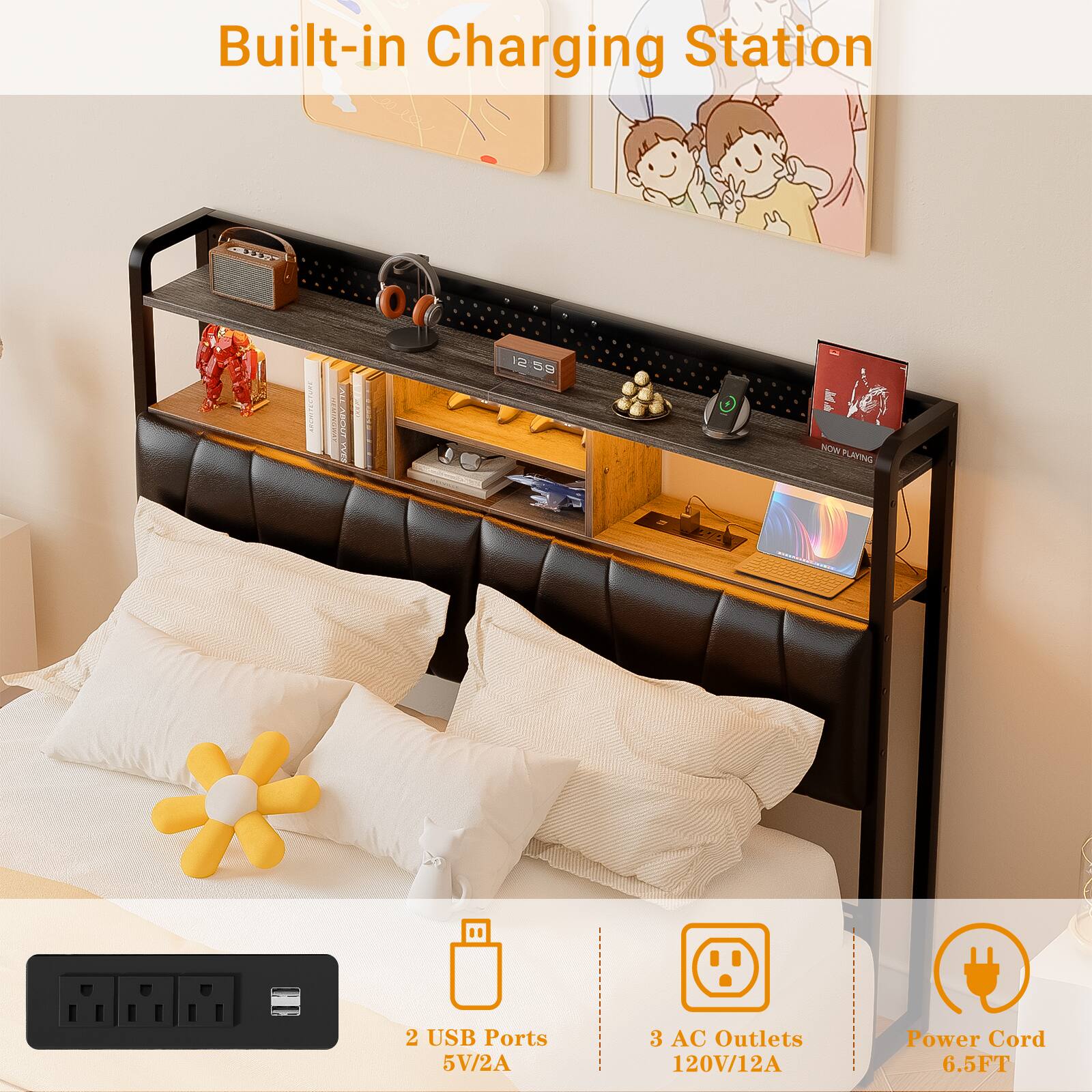 Built-in Charging Station

- 2 USB Ports 5V/2A
- 3 AC Outlets 120V/12A
- Power Cord 6.5FT