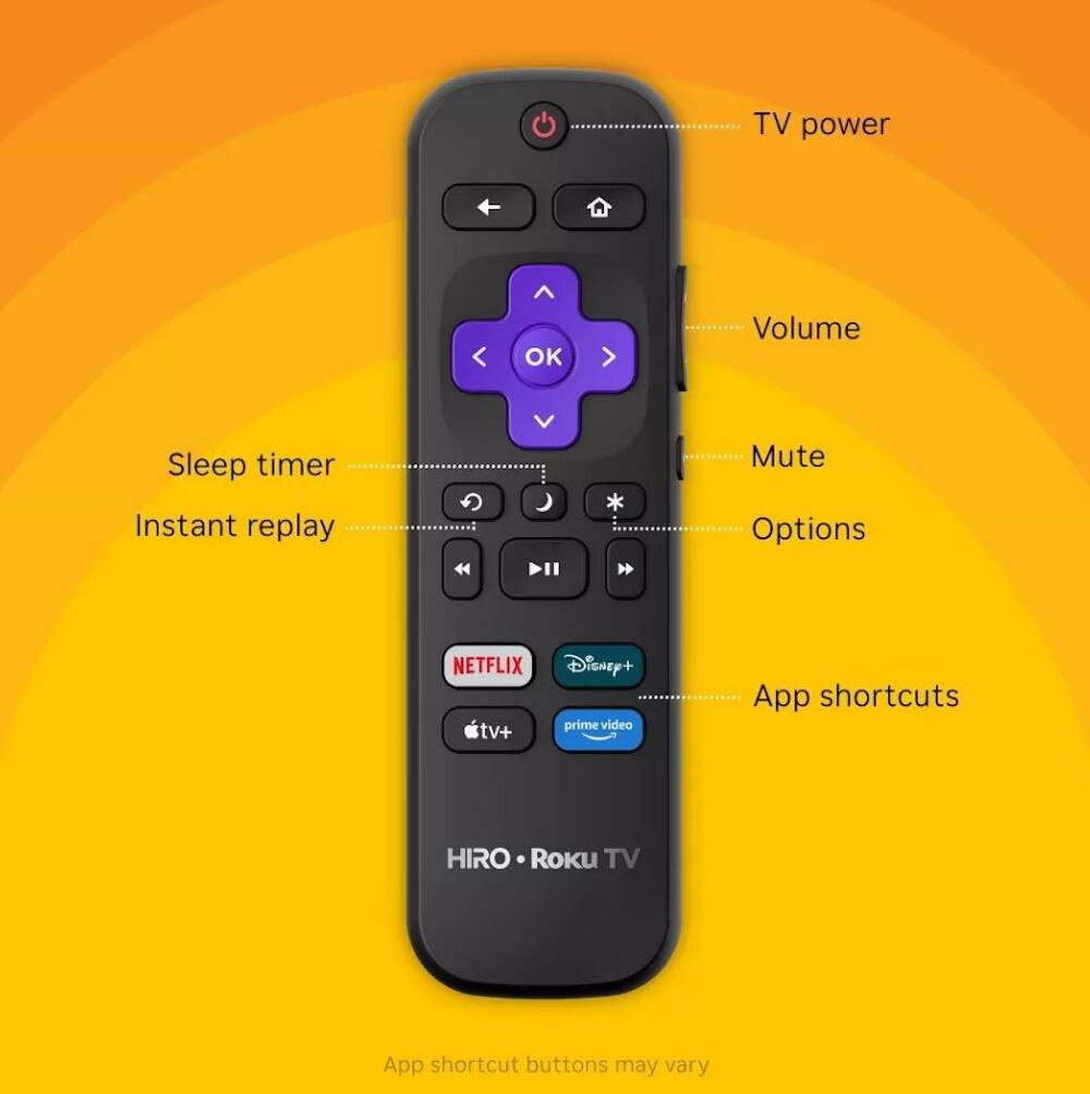 TV power  
Volume  
Sleep timer  
Mute  
Instant replay  
Options  
NETFLIX  
Disney+  
prime video  
tv+  
App shortcuts  
HIRO  
Roku TV  
App shortcut buttons may vary