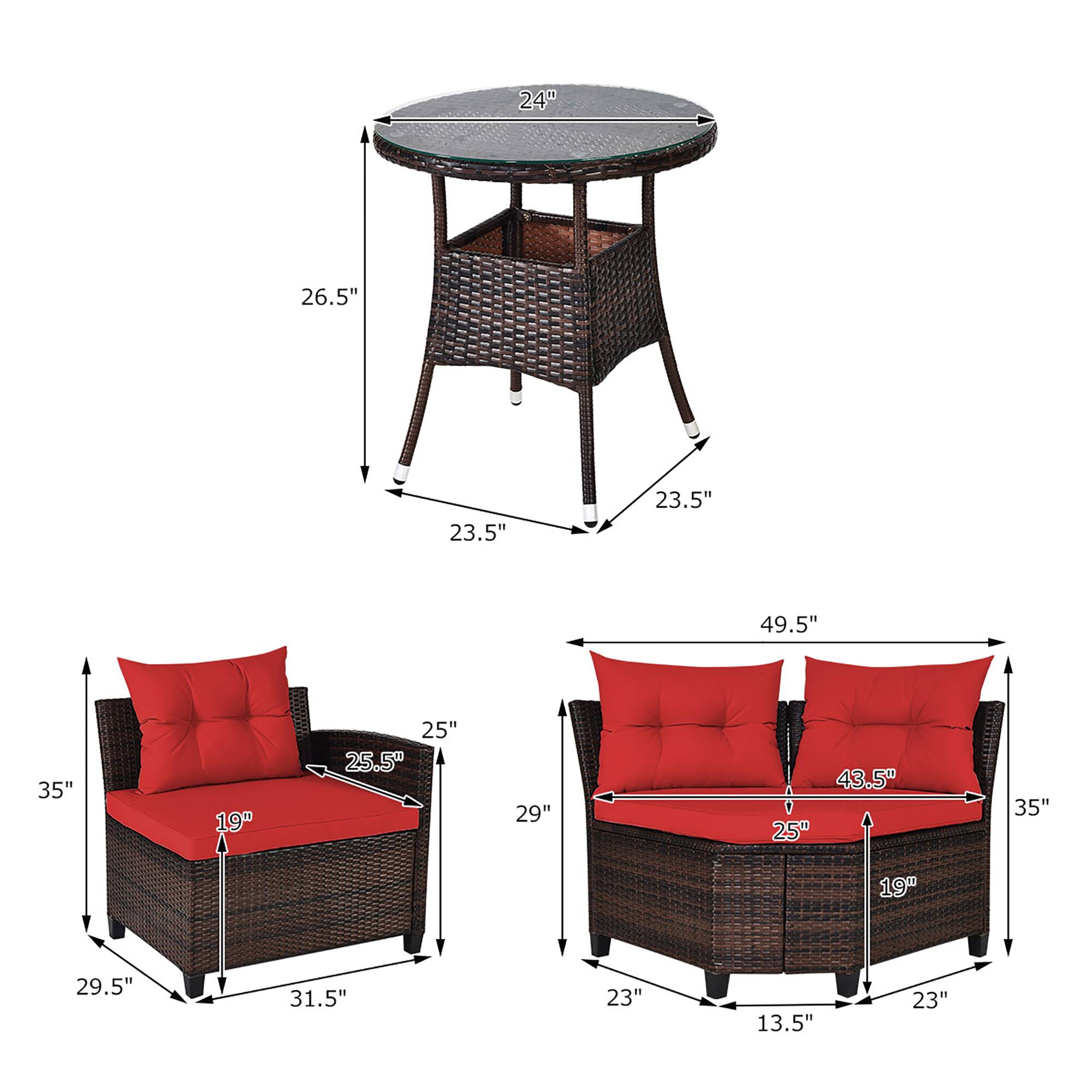 The text on the image describes the dimensions of the furniture pieces, including a table, chairs, and a bench. The table is 24 inches in diameter, and the chairs are 26.5 inches wide. The bench is 23.5 inches wide. The chairs are also 23.5 inches high, and the table is 23.5 inches high. The bench is 49.5 inches long, and the chairs are 35 inches high. The chairs are also 19 inches deep, and the table is 25 inches deep. The bench is 25 inches deep, and the chairs are 25.5 inches deep. The chairs are also 29 inches high, and the bench is 29.5 inches high. The bench is 31.5 inches high, and the chairs are 23 inches high.