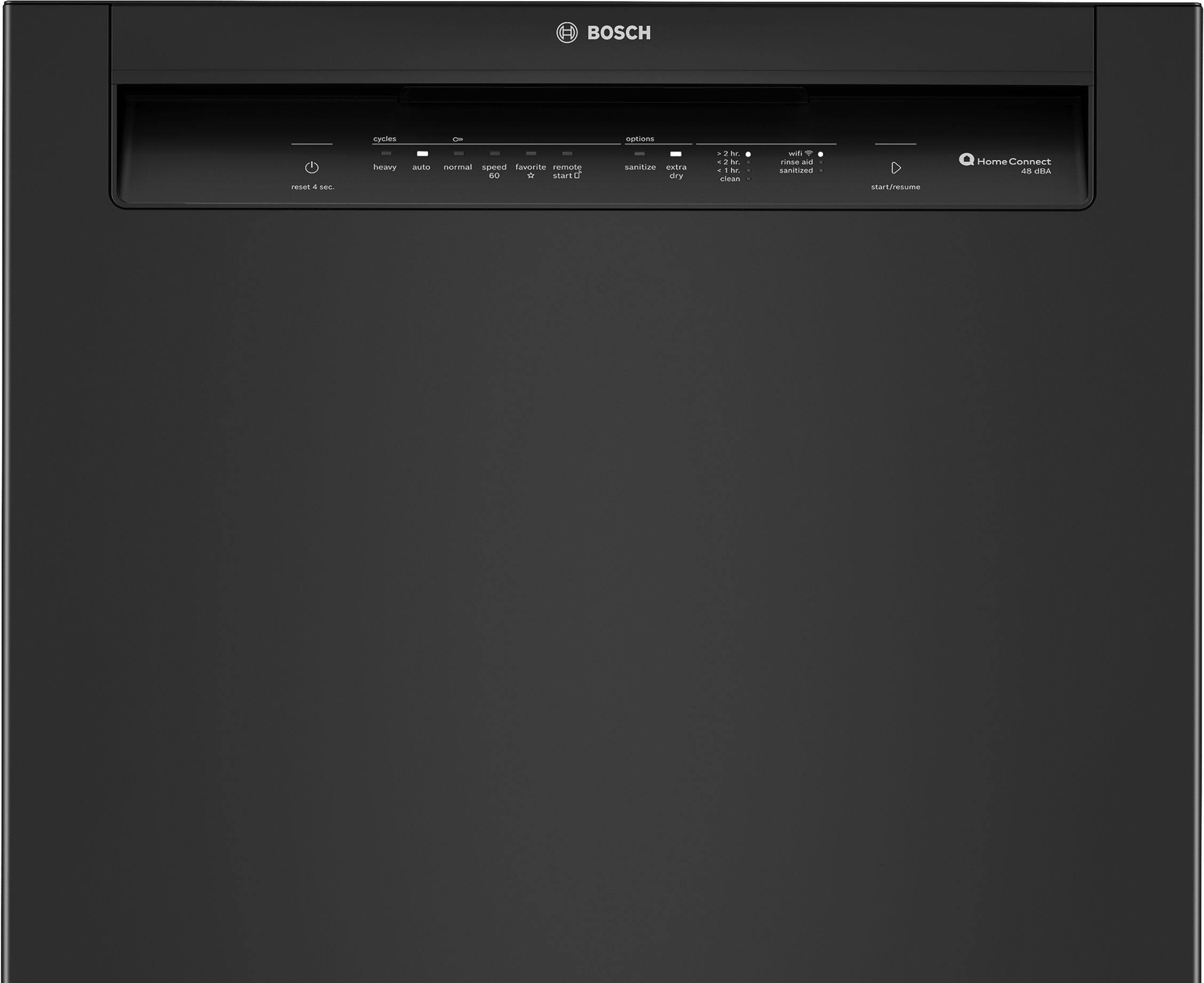 BOSCH - heavy auto normal speed favorite remote start/resume - sanitize extra clean - rinse aid - sanitized - start/resume - Home Connect 48 DBA