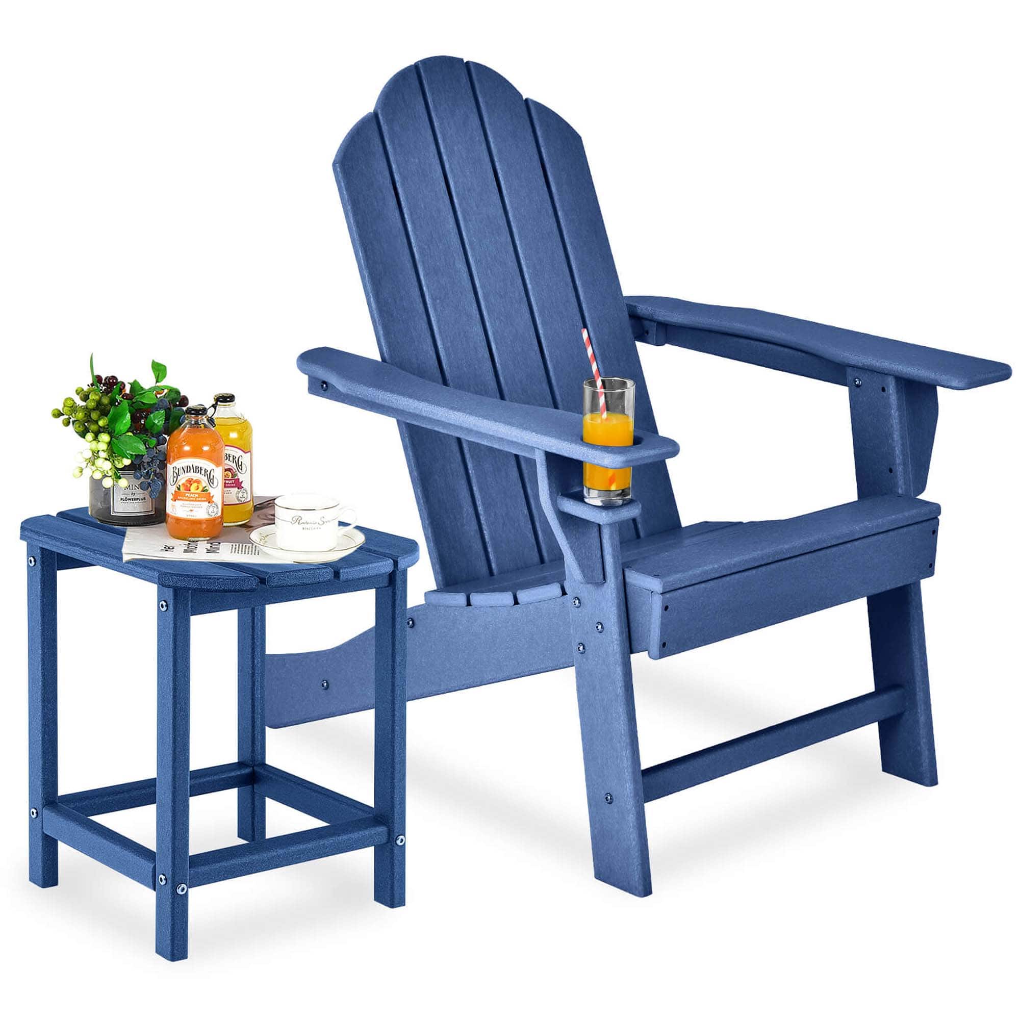 Costway - 2 PCS Patio Adirondack Chair Side Table HDPE Weather Resistant Cup Holder - Navy
