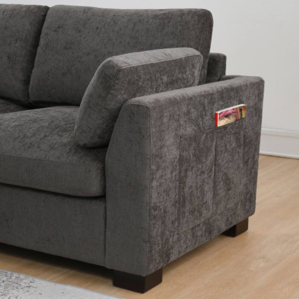Alt View 3. LUCKY ONE - 130" L-Shape Modular Chenille Sectional Sofa w/ Folding Table Dual USB Storage Pockets - Charcoal.