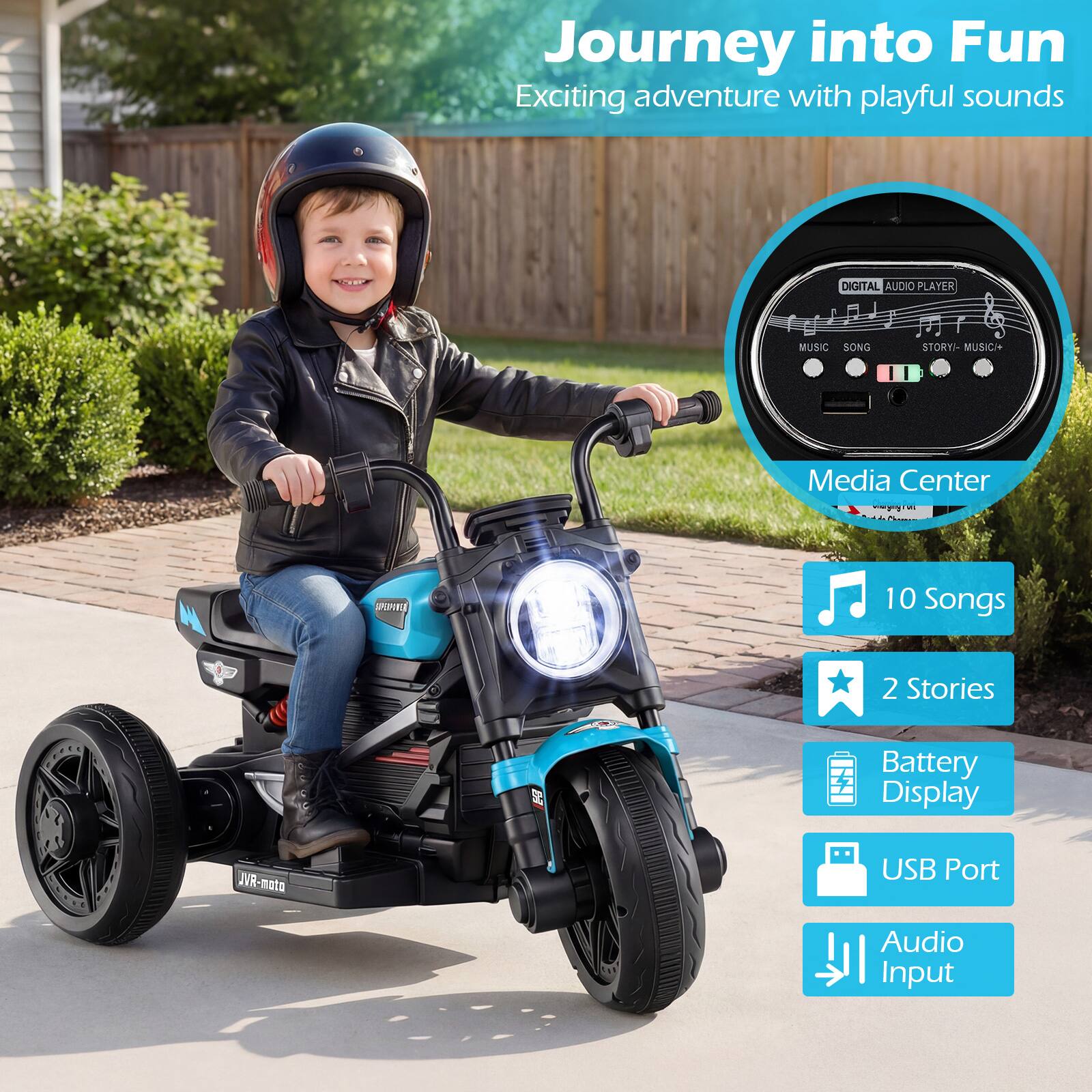 Journey into Fun  
Exciting adventure with playful sounds  

DIGITAL AUDIO PLAYER  
MUSIC SONG STORY - MUSIC/ Media Center - FaNOR  

10 Songs  
2 Stories  
Battery Display  
USB Port  
Audio Input  

JVR-moto