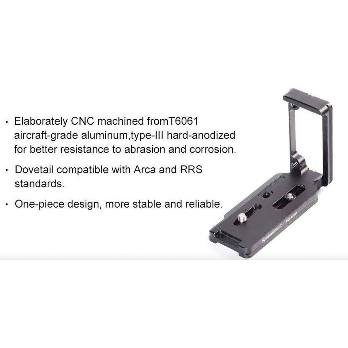 Elaborately CNC machined from T6061 aircraft-grade aluminum, type-III hard-anodized for better resistance to abrasion and corrosion. Dovetail compatible with Arca and RRS standards. One-piece design, more stable and reliable.