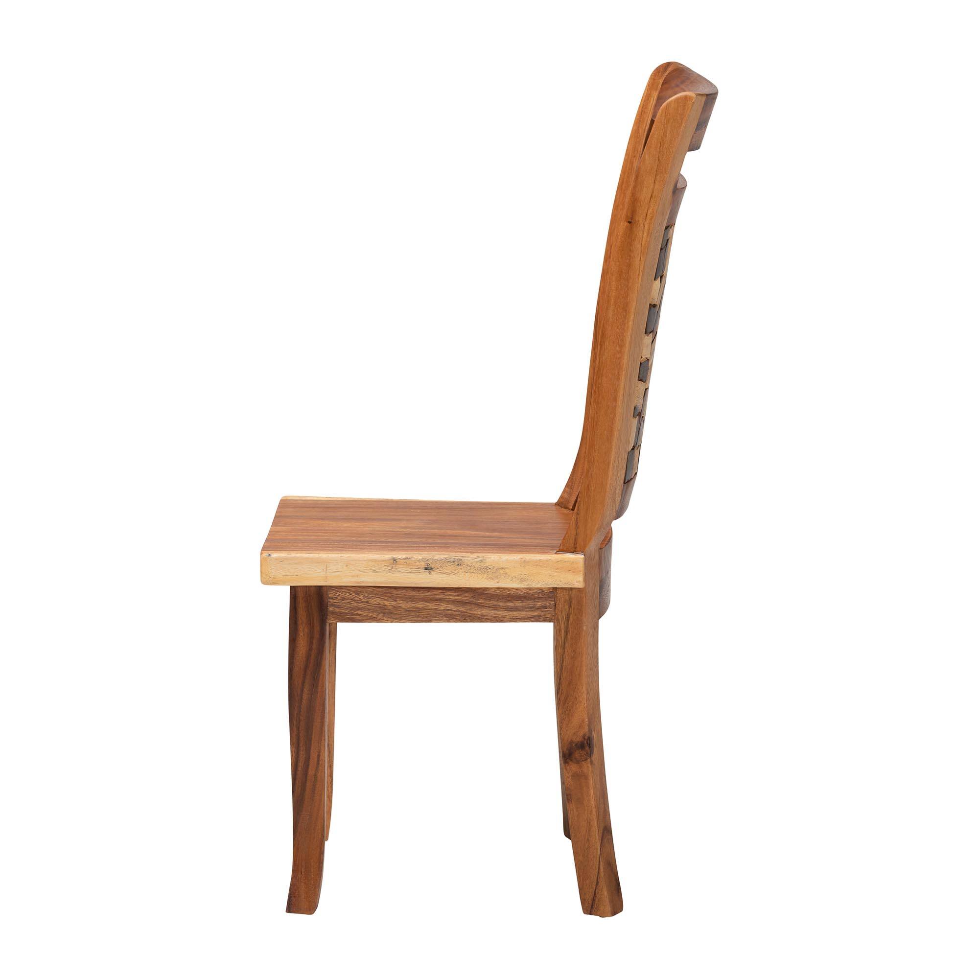 Left. bali & pari - Luan Suar Wood Dining Chair - Handcrafted Solid Wood Seat with Mosaic Backrest Inlay, Accent Chair - Natural Brown.