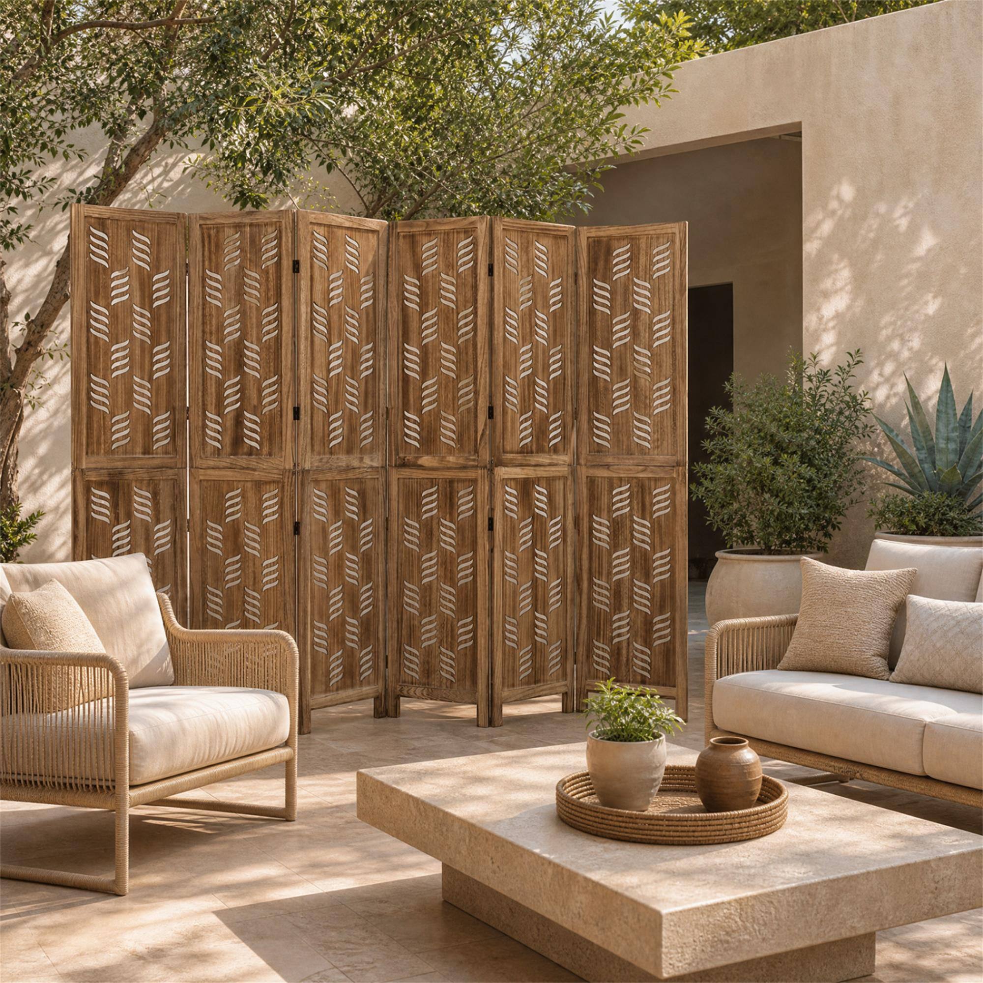 Alt View 1. Boyel Living - 5.5 FT Tall Room Divider 6 Panels with Wave Cutout & Paulownia Frame for Room-Brown - Brown.