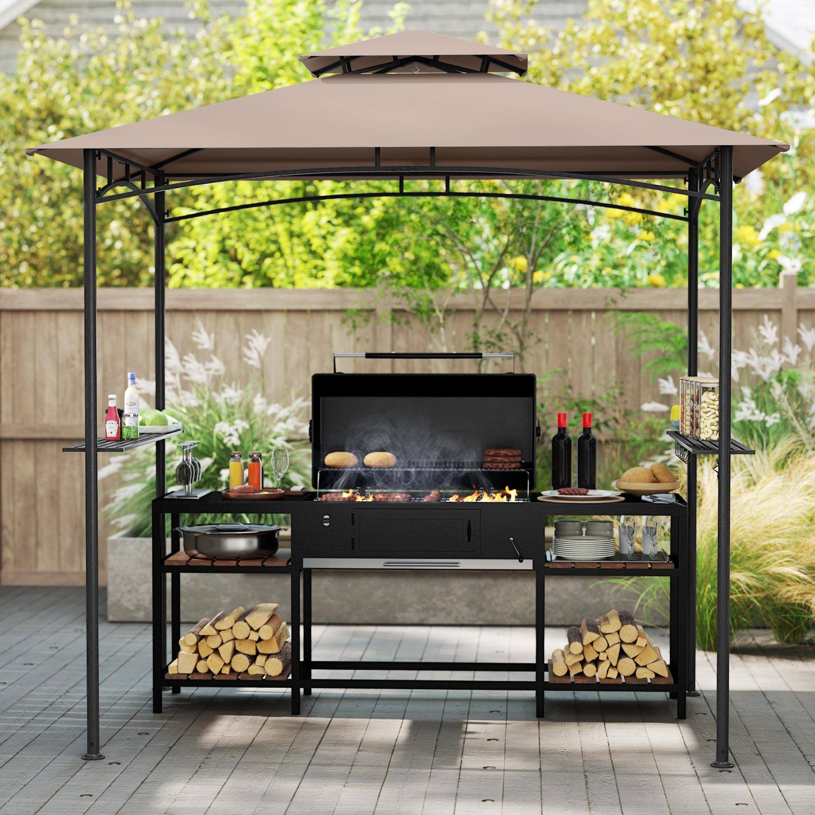 Alt View 1. Gymax - Gymax 8' x 5' Grill Gazebo Outdoor Double-Tiered Grill Canopy w/ 2 Shelves & 6 Hooks - Brown.