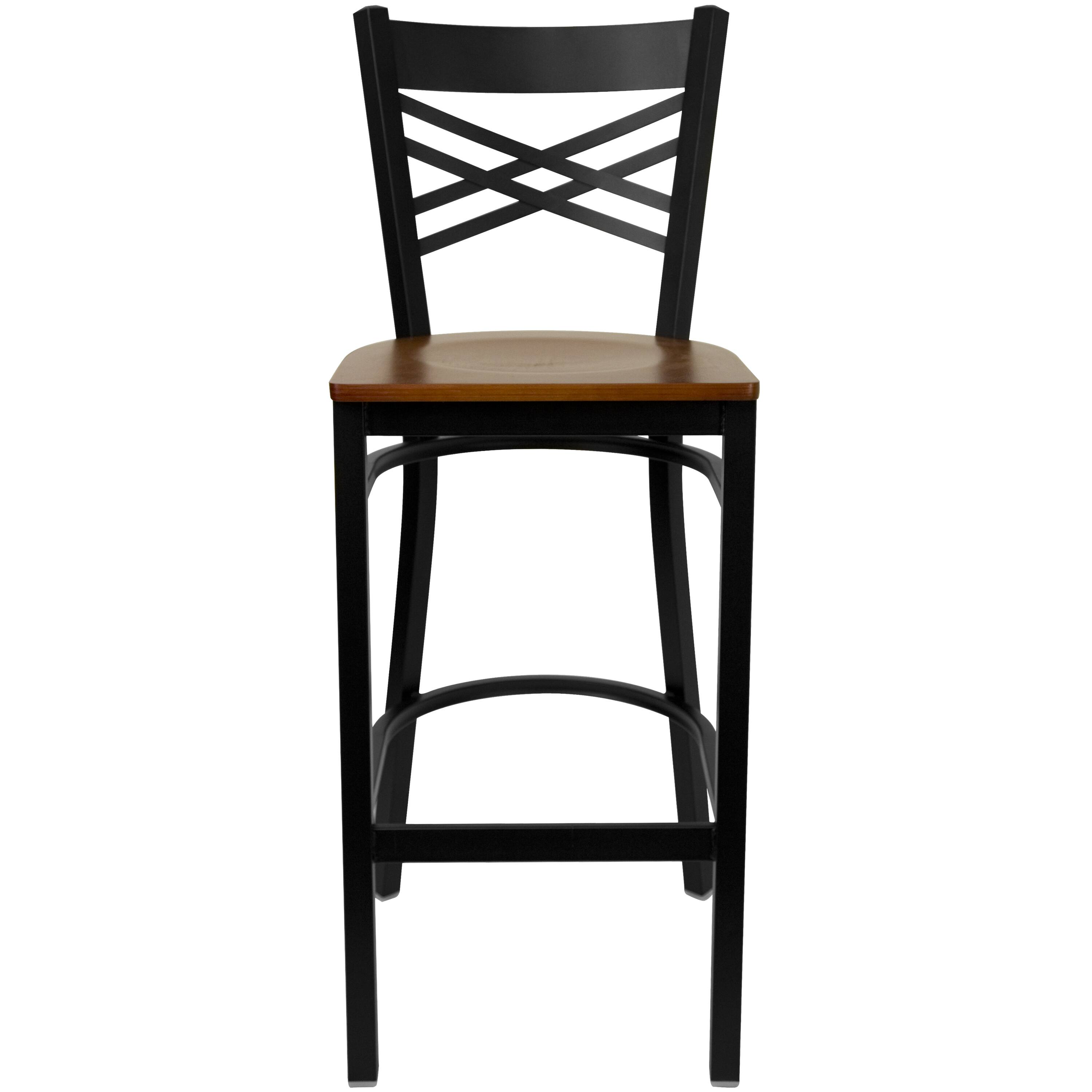 Alt View 4. Emma + Oliver - "X" Back Metal Restaurant Dining Barstool - Cherry Wood Seat/Black Metal Frame.