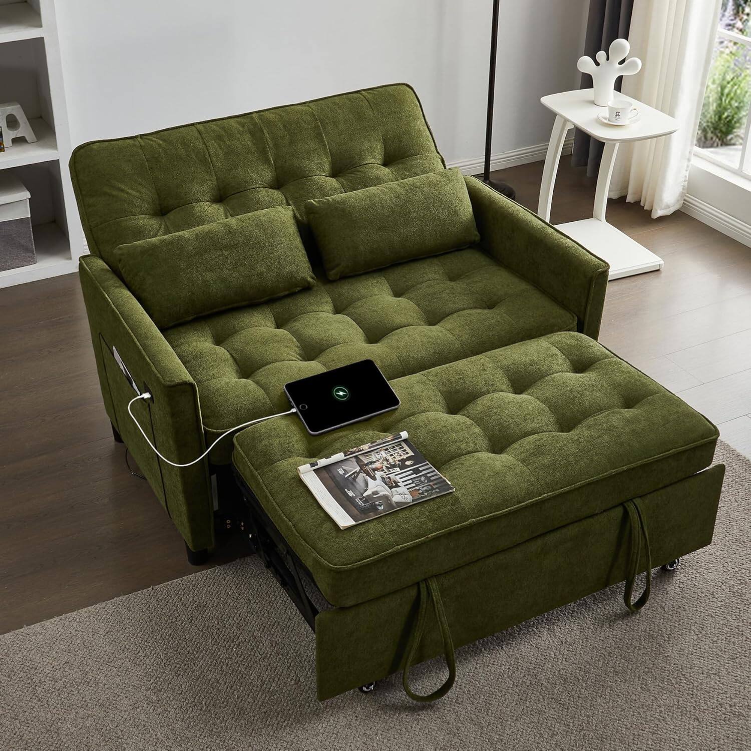 Front. Tiramisubest - Convertible Sofa Bed,3 in 1 Pull Out Couch,Living Room Sofa with Adjustable Backrest,Side Pocket&USB Charging Port,Green - Green.