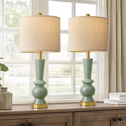 Front. Cedar Assembly - Modern Ceramic Table Lamp Set Of 2 For Living Room & Bedside Lamps Bedroom Nightstand Tall End - Green.