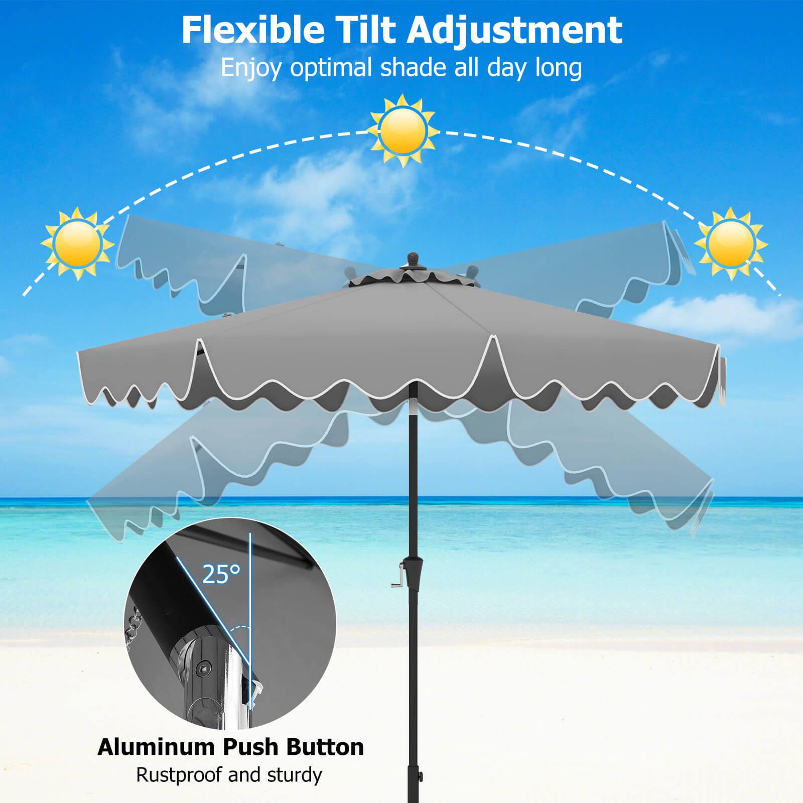 Flexible Tilt Adjustment Enjoy optimal shade all day long. 25 Aluminum Push Button Rustproof and sturdy.