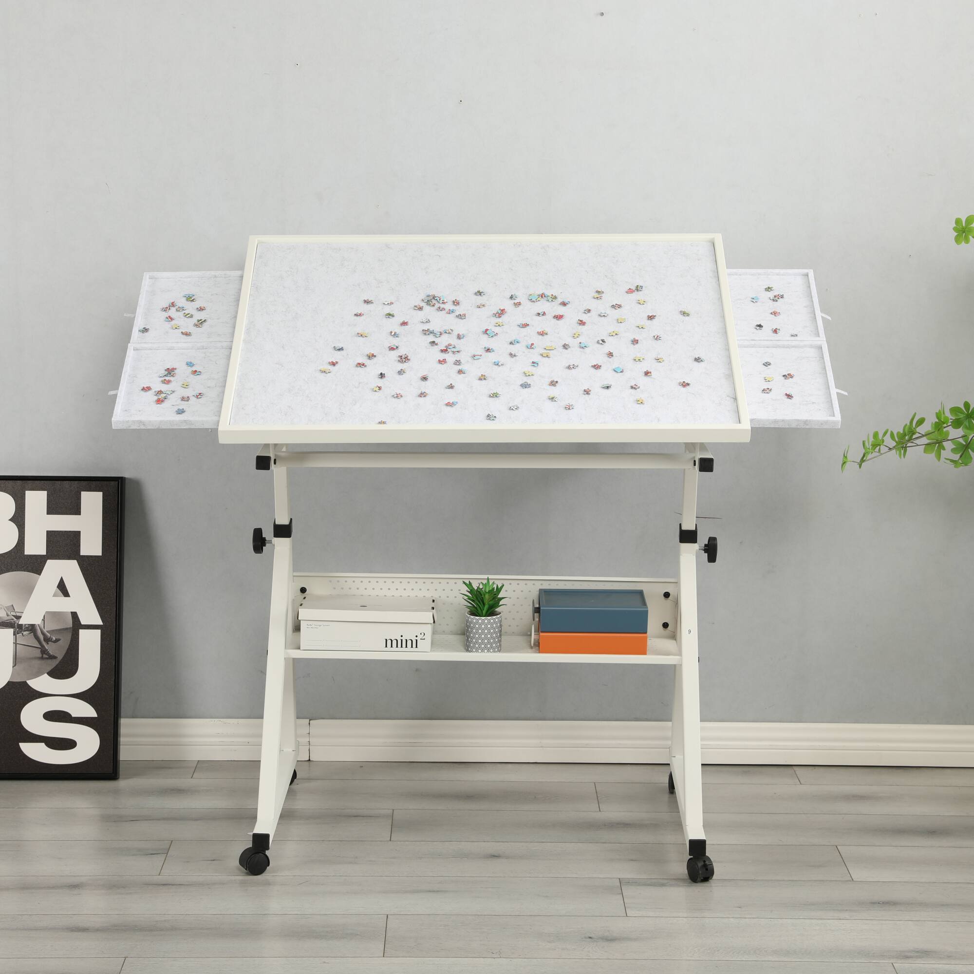 Alt View 7. GOODSILO - Adjustable Height Puzzle Table with Storage Trays and Rolling Wheels for Large 1500-Piece Jigsaw Projects - White+gray.