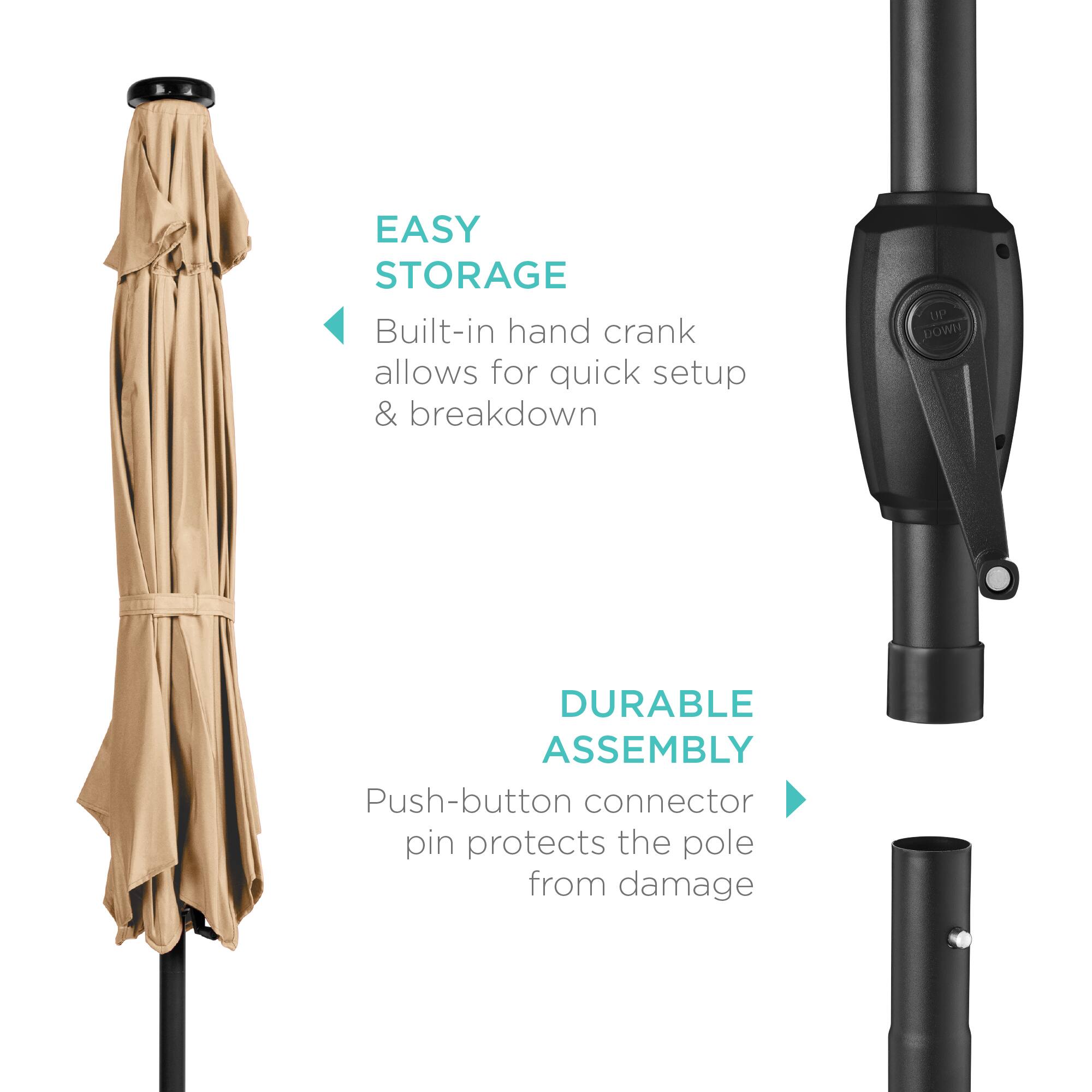 EASY STORAGE  
Built-in hand crank allows for quick setup & breakdown  

DURABLE ASSEMBLY  
Push-button connector pin protects the pole from damage
