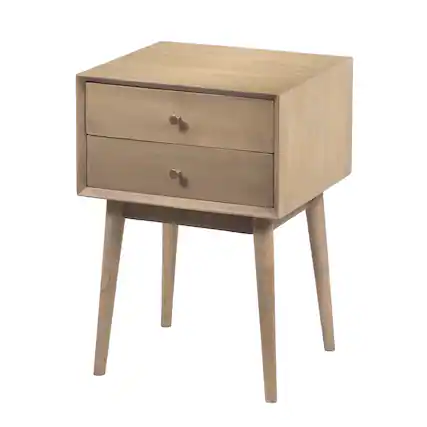 Front. Manhattan Lane - Nali Bedside Nightstand Table, 2 Drawers, Sandblasted Washed Ash White Mango Wood, Brass Knobs - Washed Ash White.