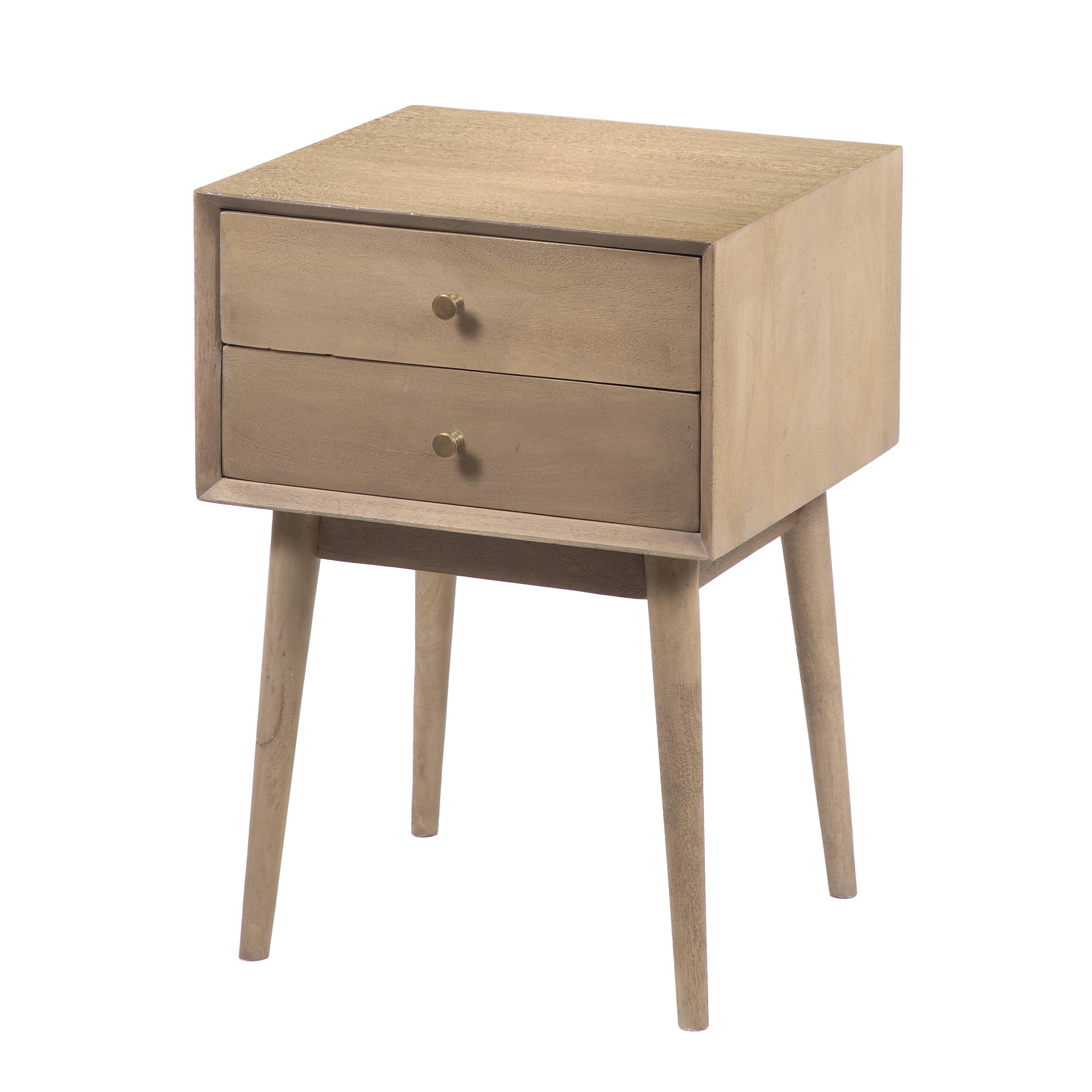 Front. Manhattan Lane - Nali Bedside Nightstand Table, 2 Drawers, Sandblasted Washed Ash White Mango Wood, Brass Knobs - Washed Ash White.