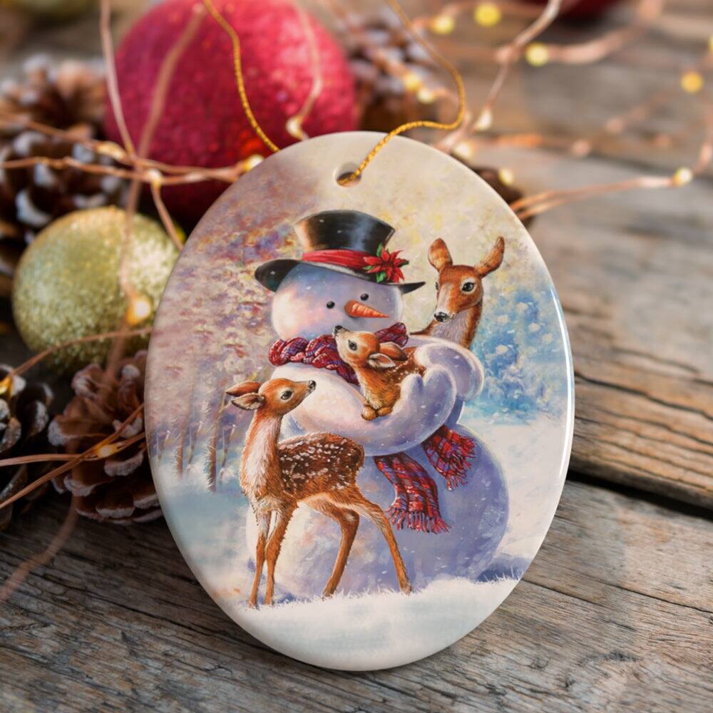 Back. OrnamentallyYou - Charming Delicate Snowman and Fawns Christmas Ornament Winter Deer Love Scene - Multi-colored.
