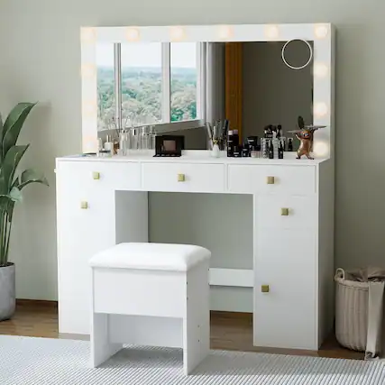 Front. Essen Blissed - Makeup Vanity Desk,41”Large Mirror,12 Adjustable 3 Color LED Bulbs,5 Drawers,Suitable for Girls' Makeup Vanity,White - White.