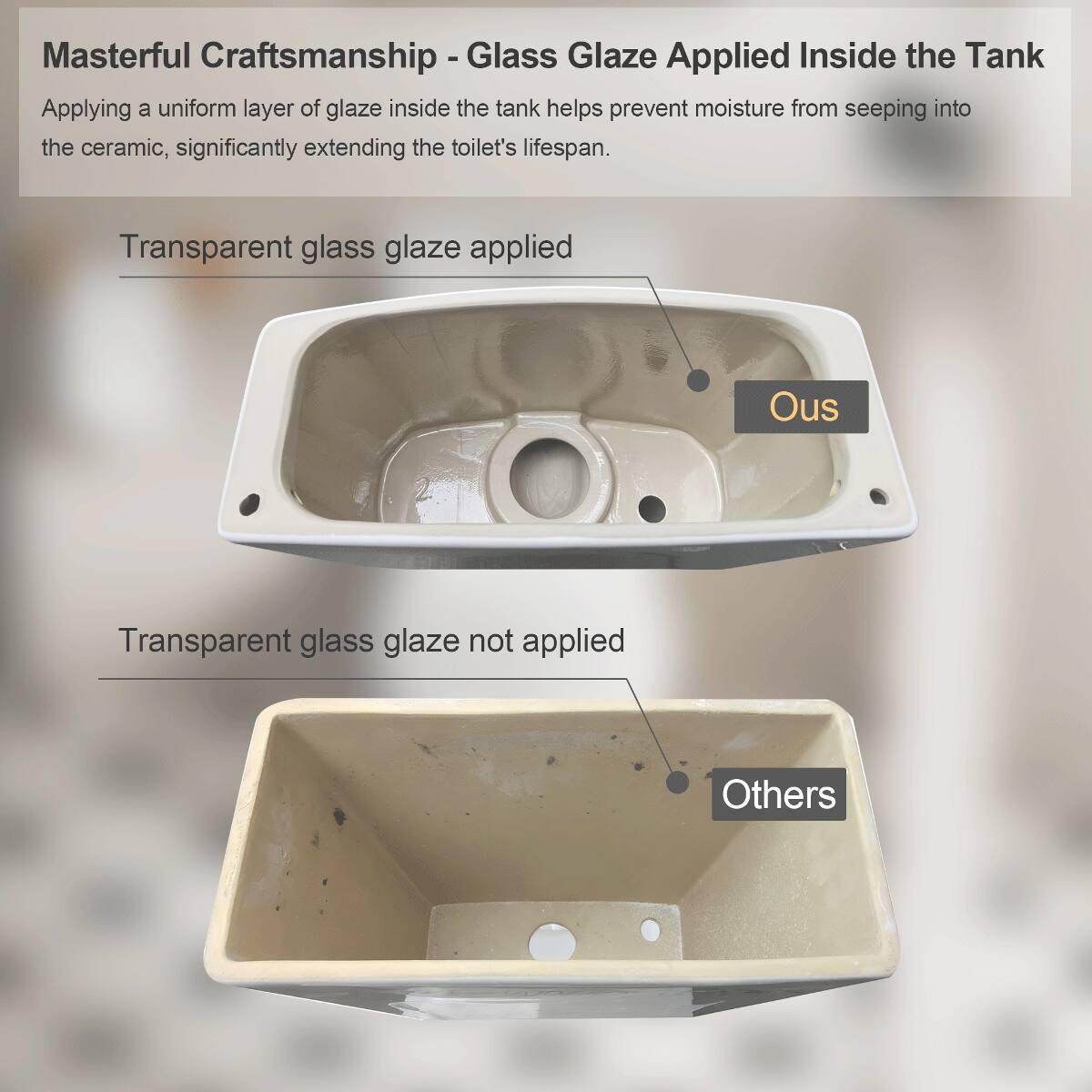 Masterful Craftsmanship - Glass Glaze Applied Inside the Tank  
Applying a uniform layer of glaze inside the tank helps prevent moisture from seeping into the ceramic, significantly extending the toilet's lifespan.

Transparent glass glaze applied  
Ous

Transparent glass glaze not applied  
Others