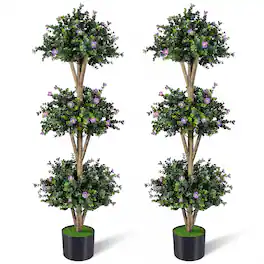 Gymax - 2PCS Artificial Triple Ball Boxwood Topiary Tree w/59 Blossoms for Porch Home Green & Black - Purple