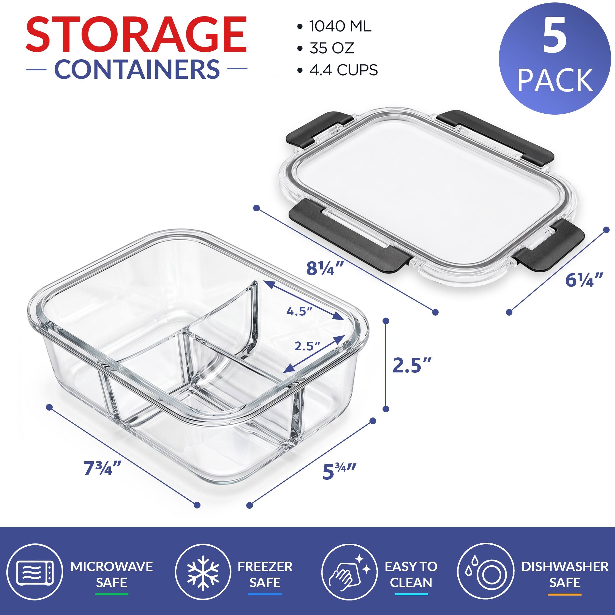 Sorbus 5 Pack 35 oz/1040 mL 3 Compartment Glass Food Storage Containers ...