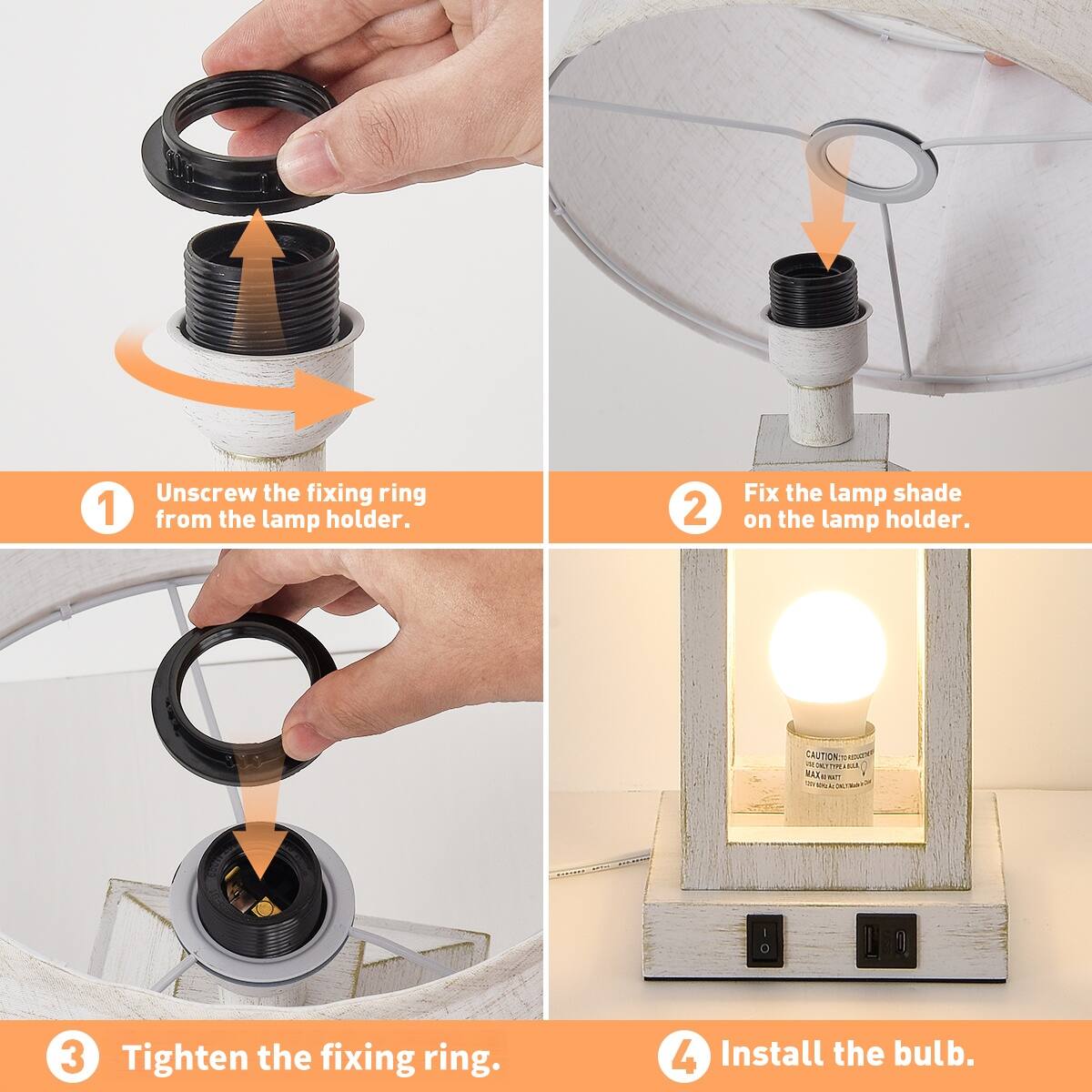 1. Unscrew the fixing ring from the lamp holder.
2. Fix the lamp shade on the lamp holder.
3. Tighten the fixing ring.
4. Install the bulb.