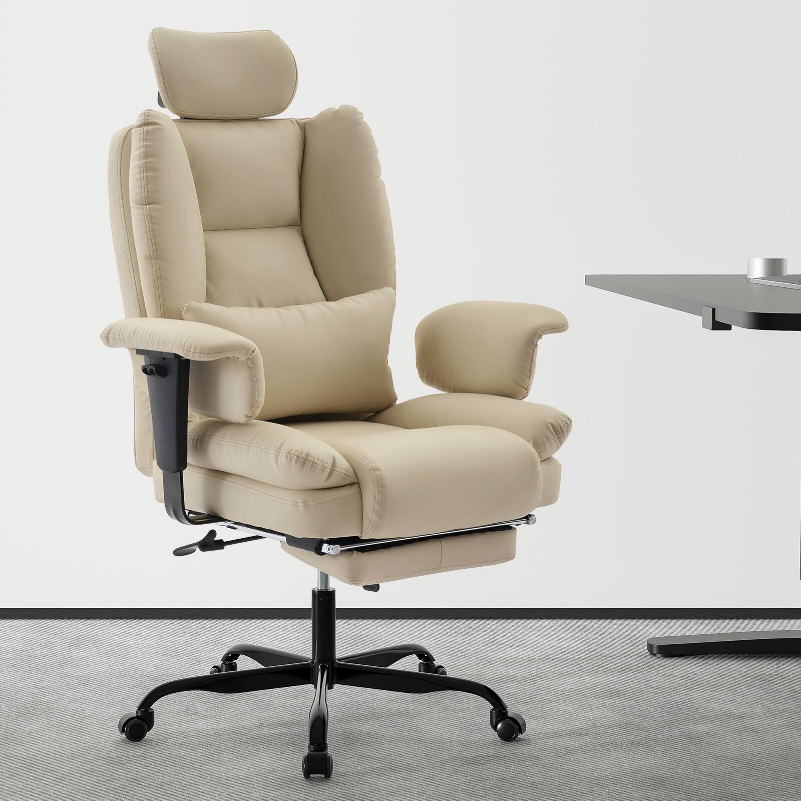 Alt View 1. APRILSOUL - Office Chair Ergonomic 200 kg PU Leather Computer Chair with Lumbar Support and High Backrest Liftable Headrest Beige - Beige.