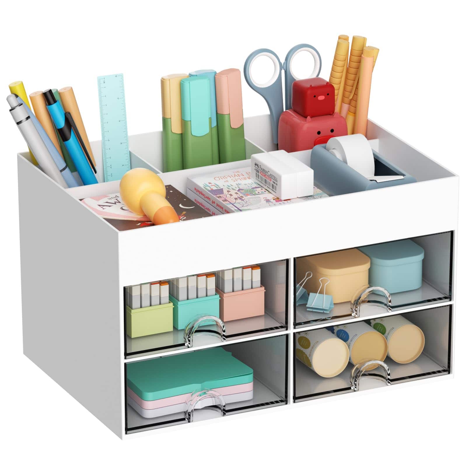 Paradigms Interiors - Pen Organizer With 4 Drawer Multi-functional Pencil Holder For Desk Organizers And Accessories Compartments - Pen Holder 4 Drawer-White