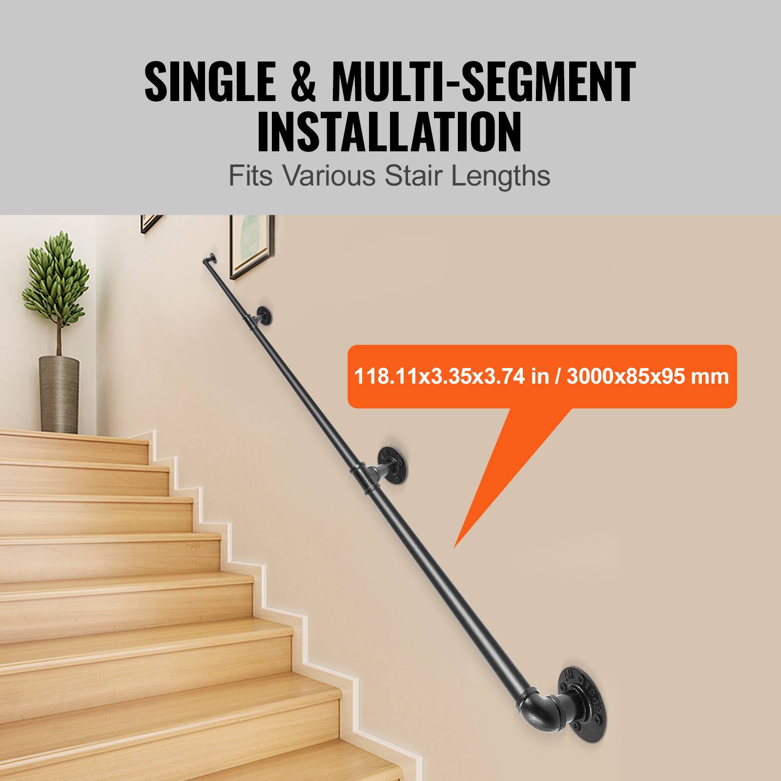 The corrected text is:

"SINGLE & MULTI-SEGMENT INSTALLATION Fits Various Stair Lengths 118.11x3.35x3.74 in / 3000x85x95 mm"