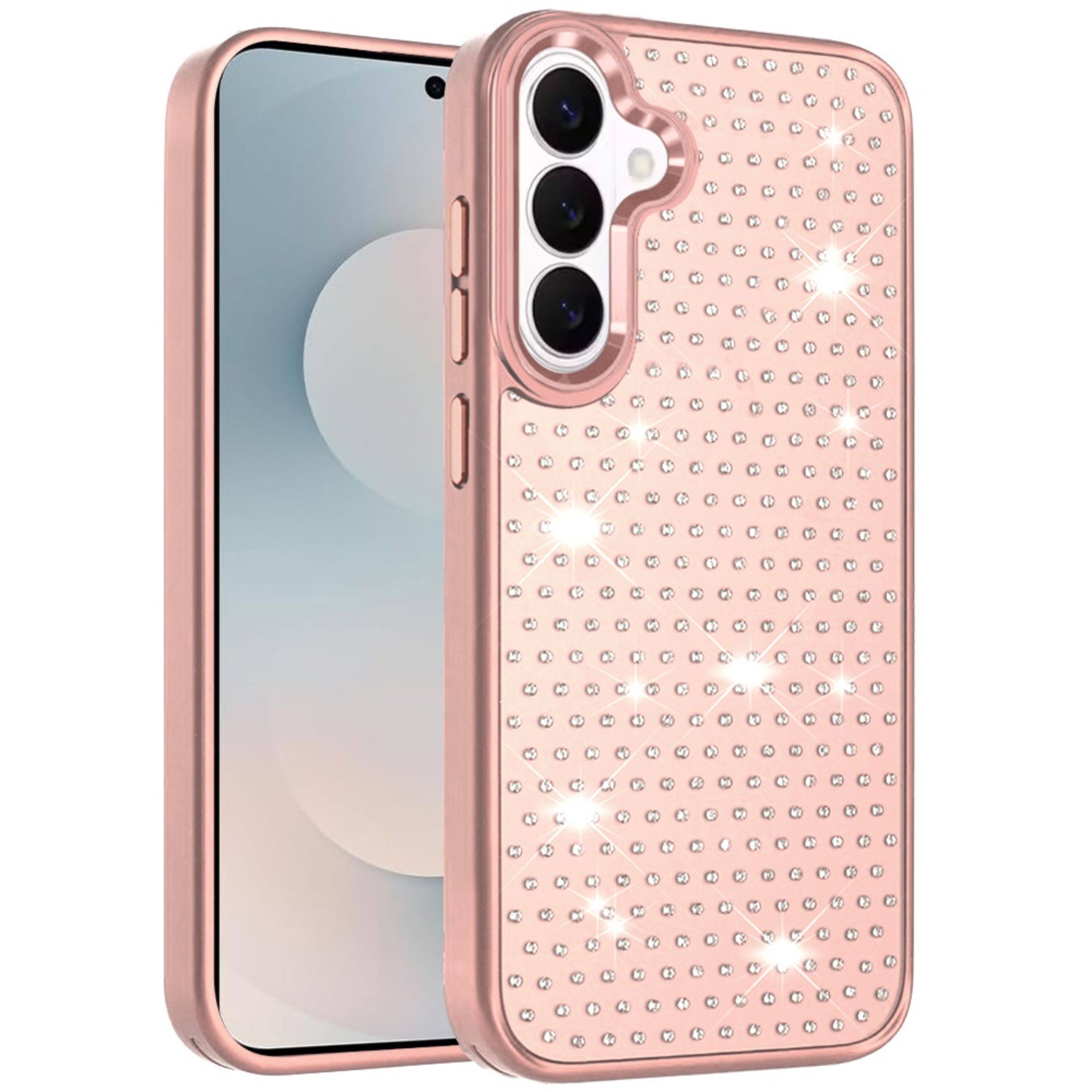 Left. Kitcheniva - Rhinestone Crystal Chrome Edge Case With Tempered Glass For Samsung S26 Plus Rose Gold - Rose Gold.