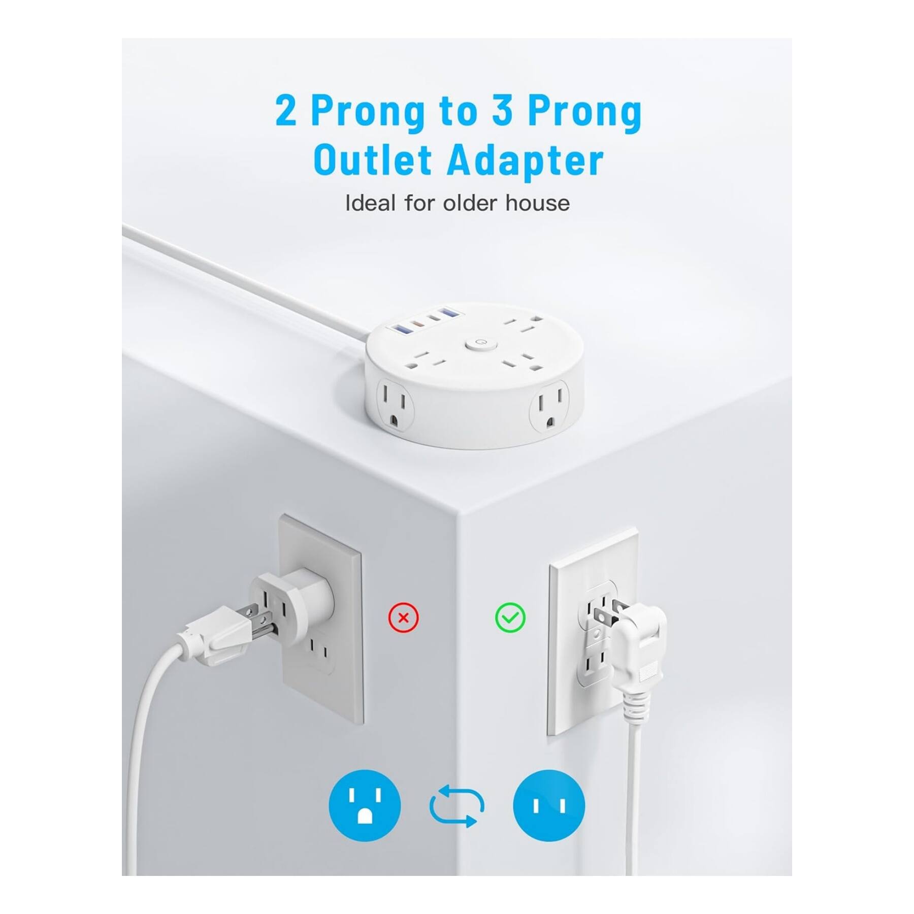 2 Prong to 3 Prong Outlet Adapter  
Ideal for older house