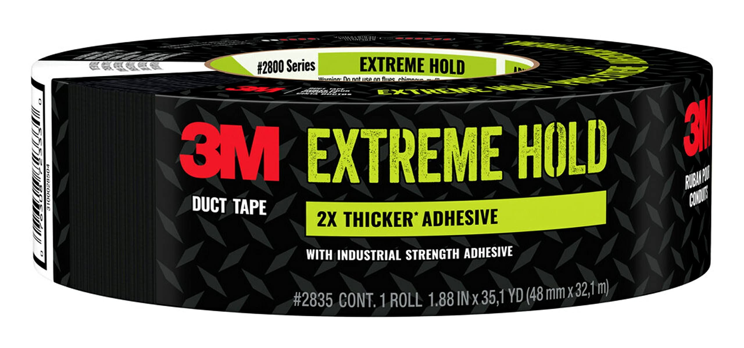 3M #2800 Series EXTREME HOLD DUCT TAPE  
2X THICKER* ADHESIVE  
WITH INDUSTRIAL STRENGTH ADHESIVE  
#2835 CONT. 1 ROLL 1.88 IN X 35.1 YD (48 mm X 32.1 m)