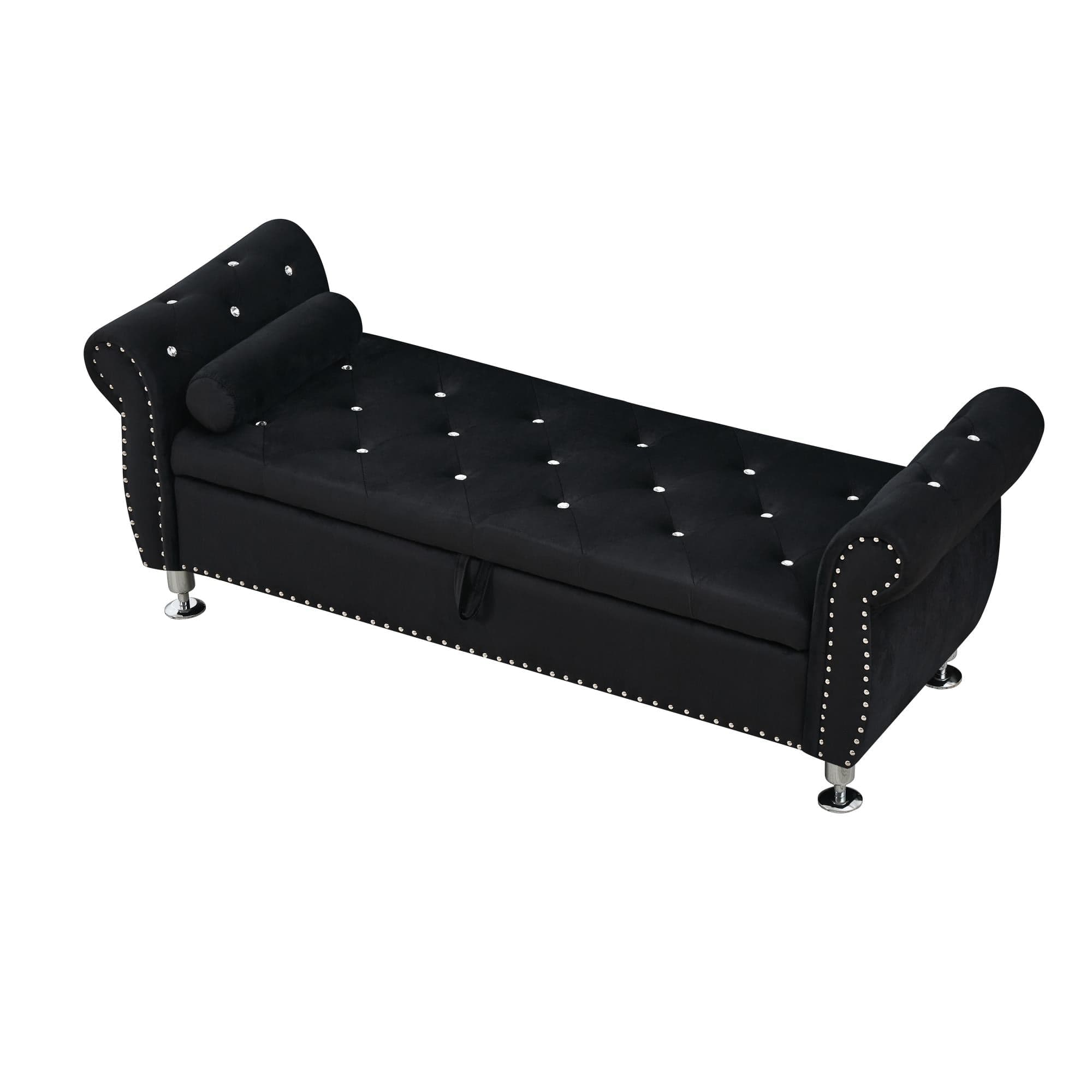 Boyel Living - 62.2In Velvet Storage Bench w Crystal Buttons&Pillow for Bedroom Living Room - Black