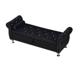 Boyel Living - 62.2In Velvet Storage Bench w Crystal Buttons&Pillow for Bedroom Living Room - Black