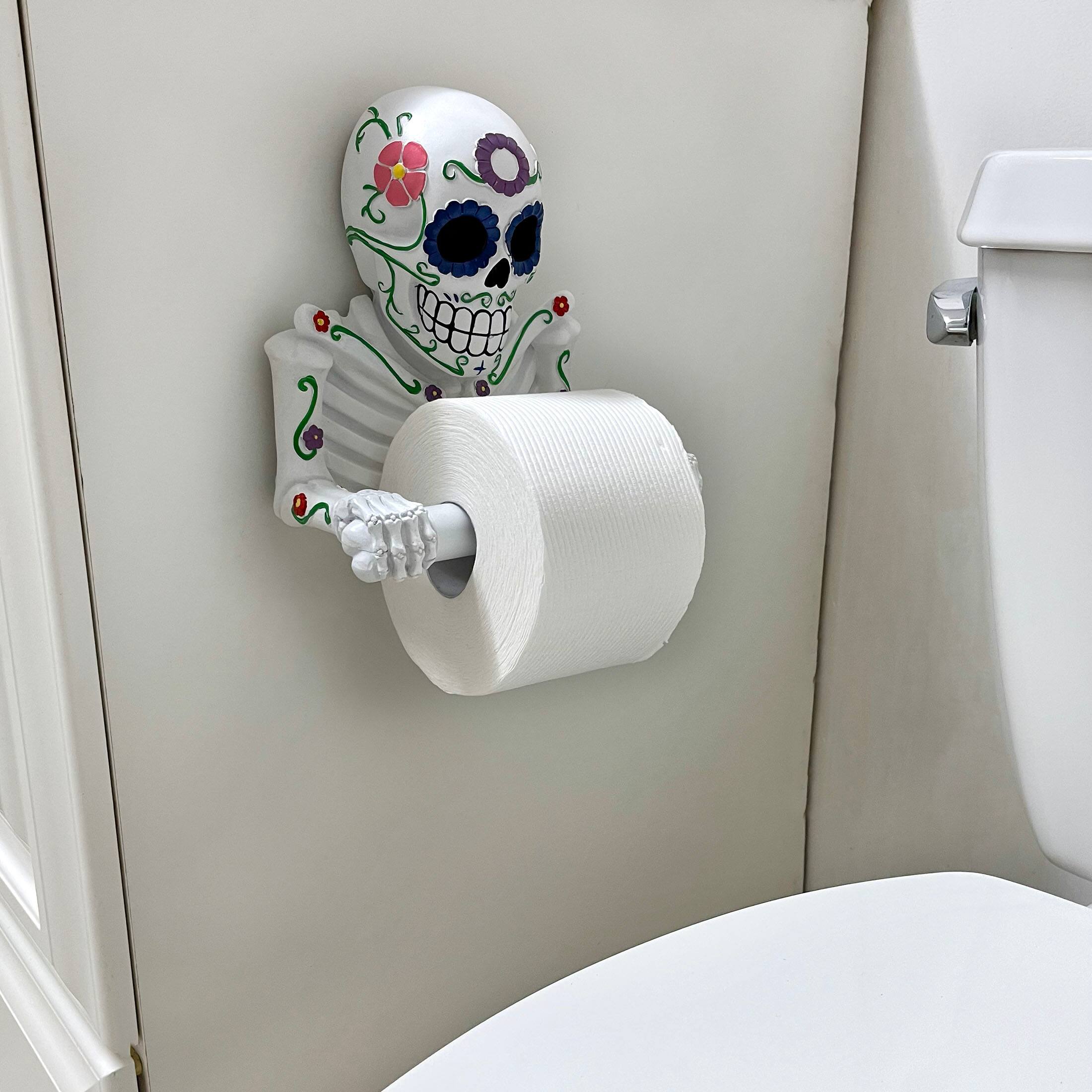 Alt View 3. Zeckos - Smelly Skelly White Day of the Dead Sugar Skull Toilet Tissue Holder - White.