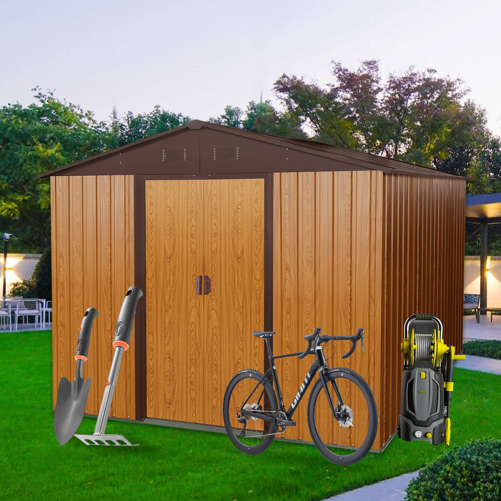 Left. Mondawe - 10ft x 8ft Outdoor Metal Storage Shed with Metal Floor Base - Coffee.